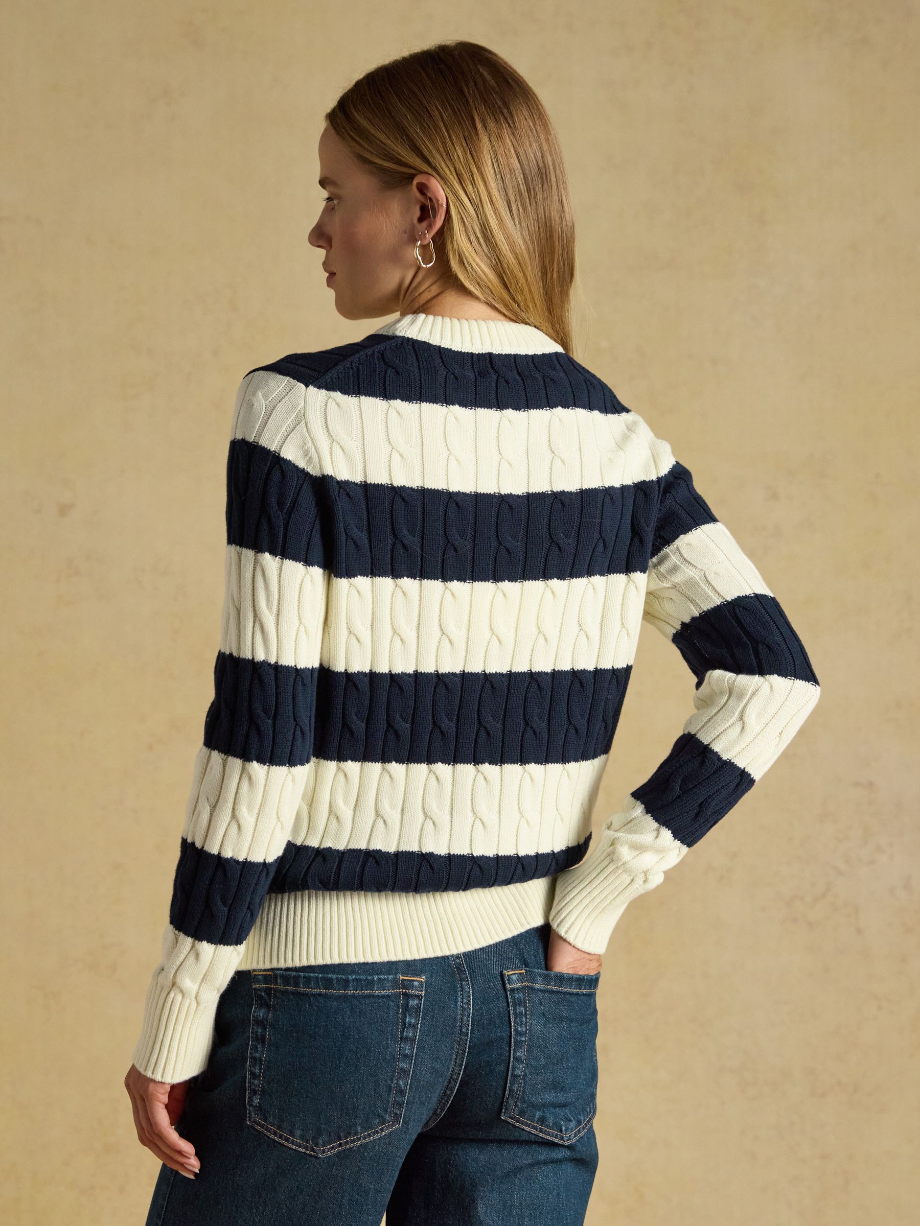 Cream & Navy Striped Classic Crew Neck Cotton Cable Knit Jumper - Image 2 of 7
