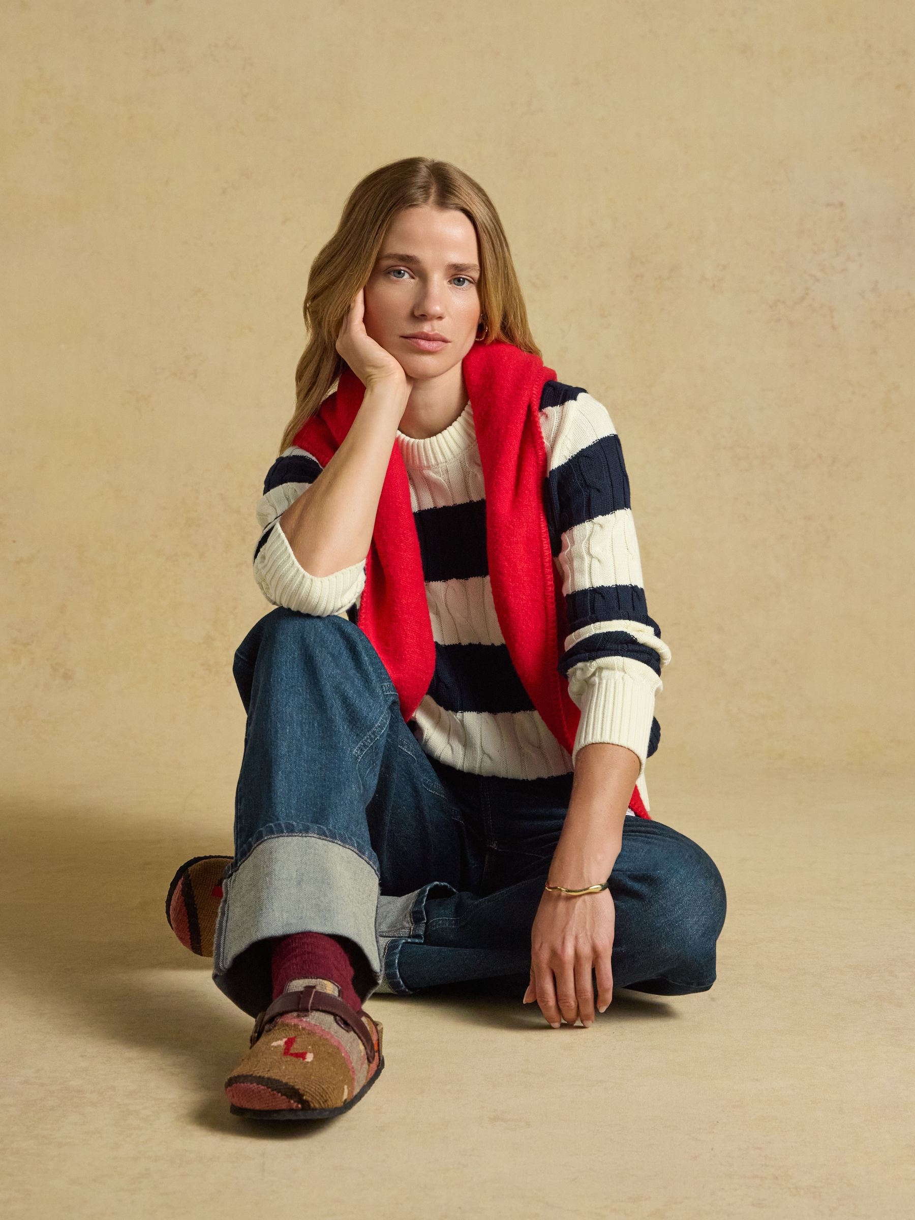 Cream & Navy Striped Classic Crew Neck Cotton Cable Knit Jumper - Image 3 of 7