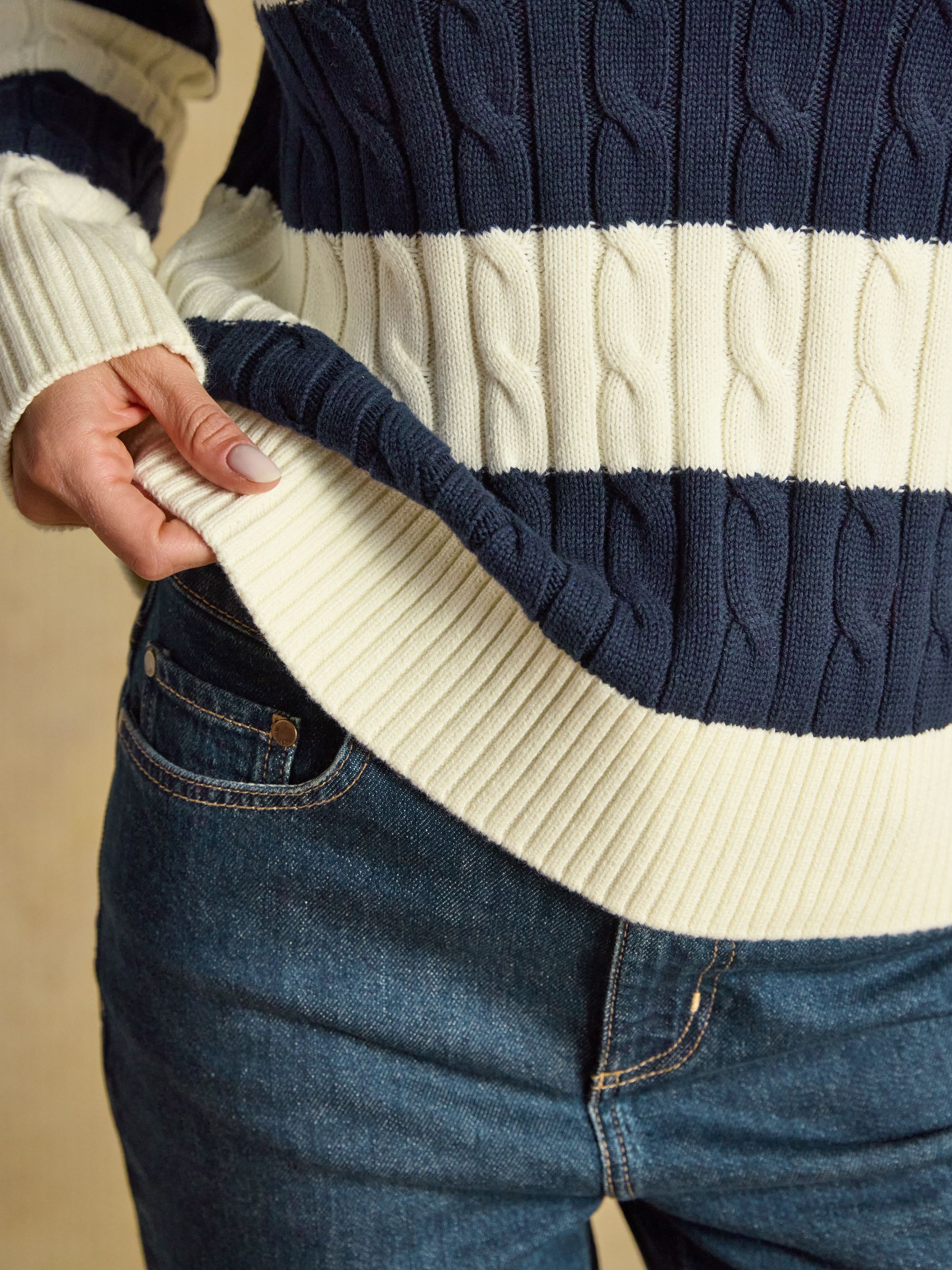 Cream & Navy Striped Classic Crew Neck Cotton Cable Knit Jumper - Image 6 of 7