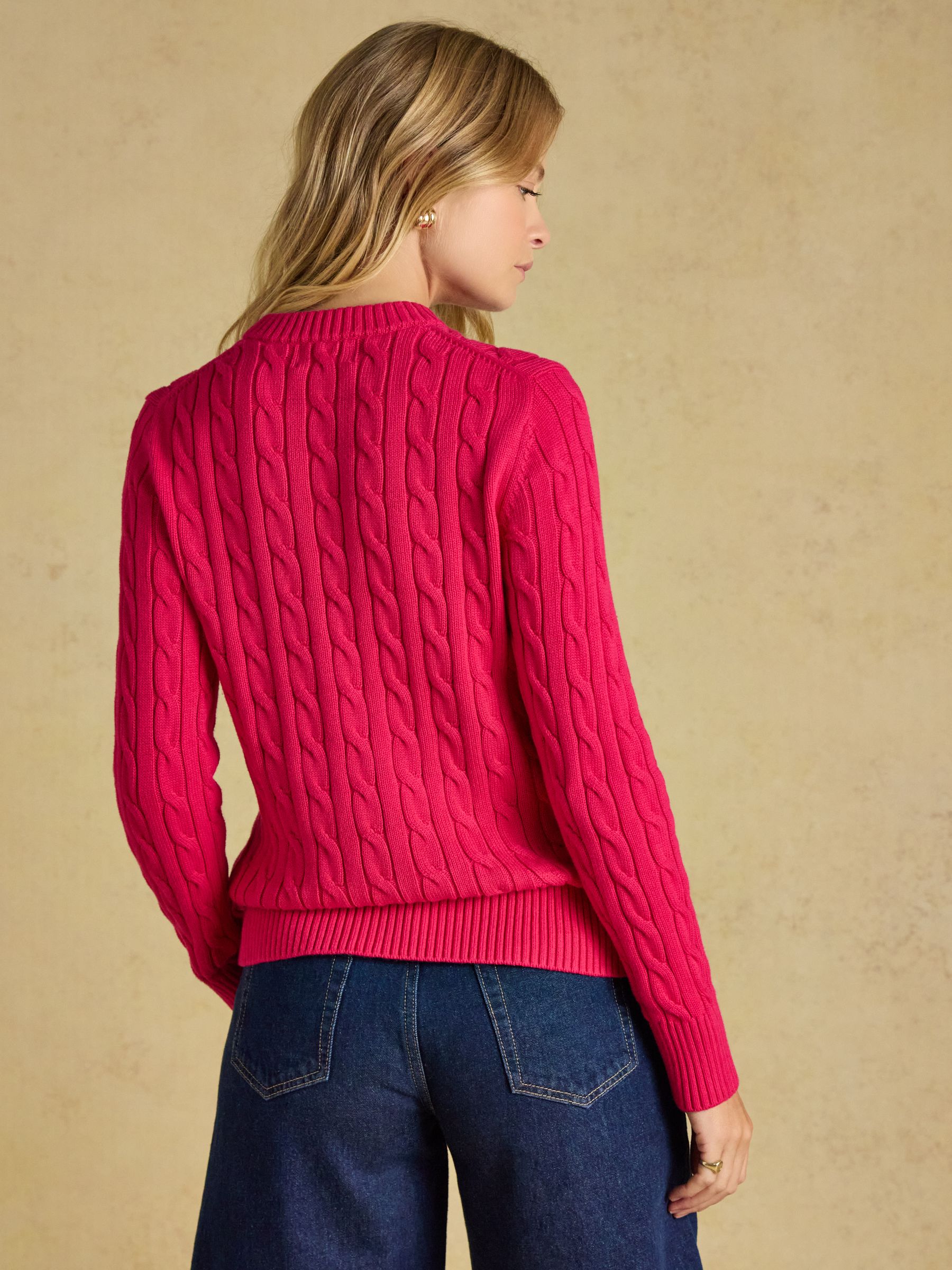 Fuchsia Pink Classic Crew Neck Cotton Cable Knit Jumper - Image 2 of 7 Fuchsia Pink Classic Crew Neck Cotton Cable Knit Jumper - Image 2 of 7