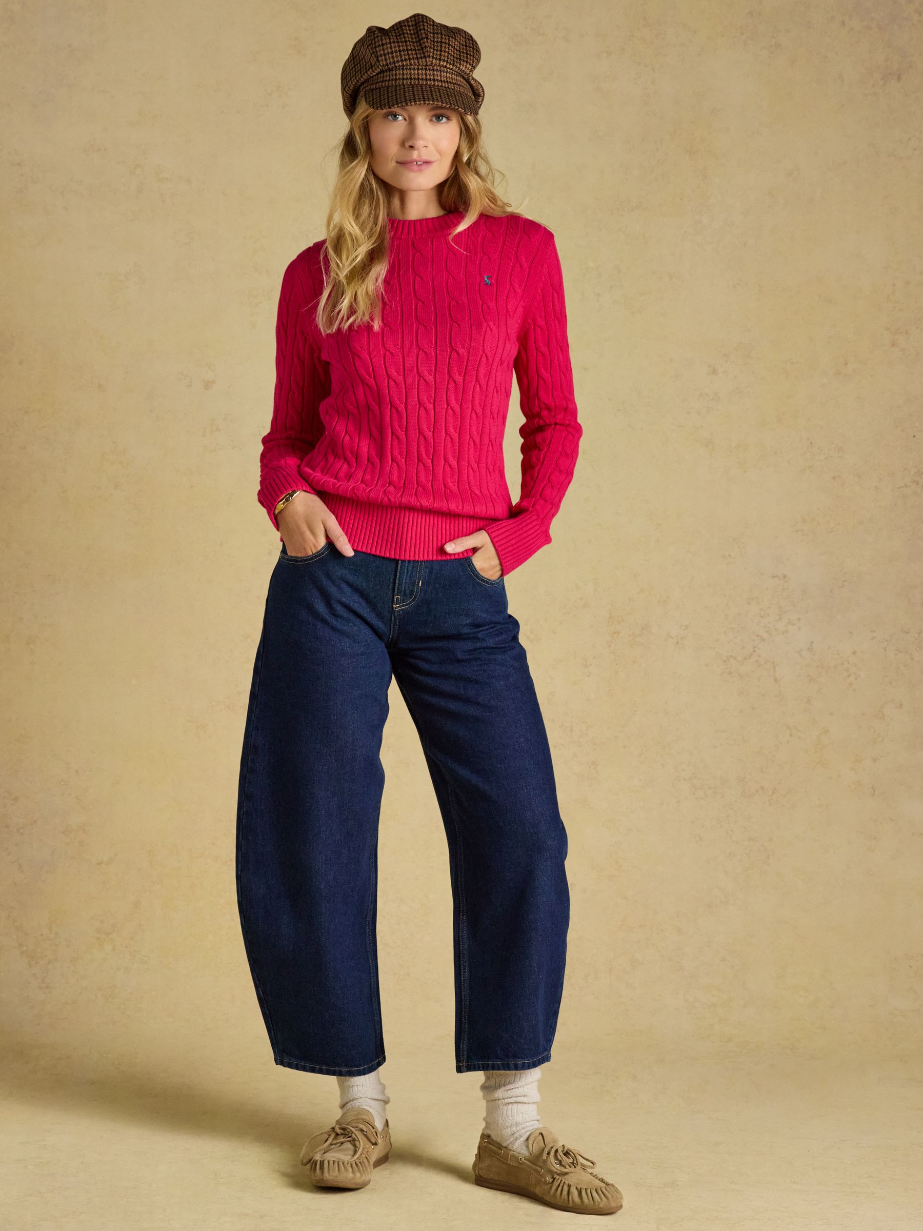 Fuchsia Pink Classic Crew Neck Cotton Cable Knit Jumper - Image 4 of 7