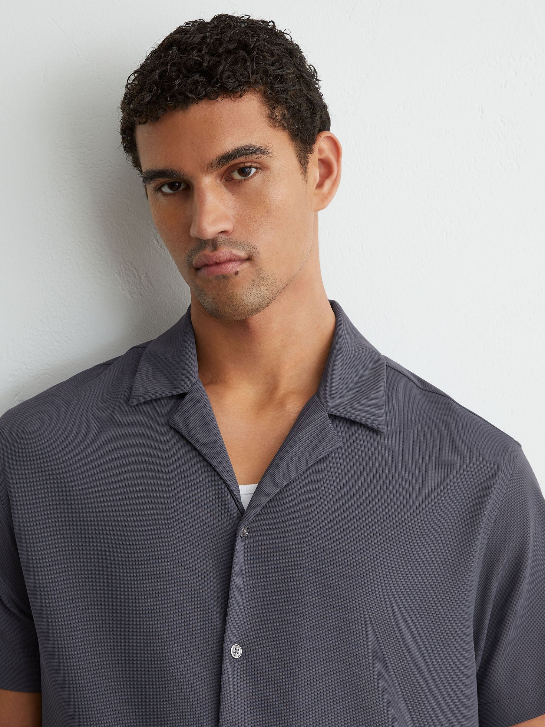 Stretch Textured Cuban-Collar Shirt in Airforce Blue - Image 1 of 6 Stretch Textured Cuban-Collar Shirt in Airforce Blue - Image 1 of 6