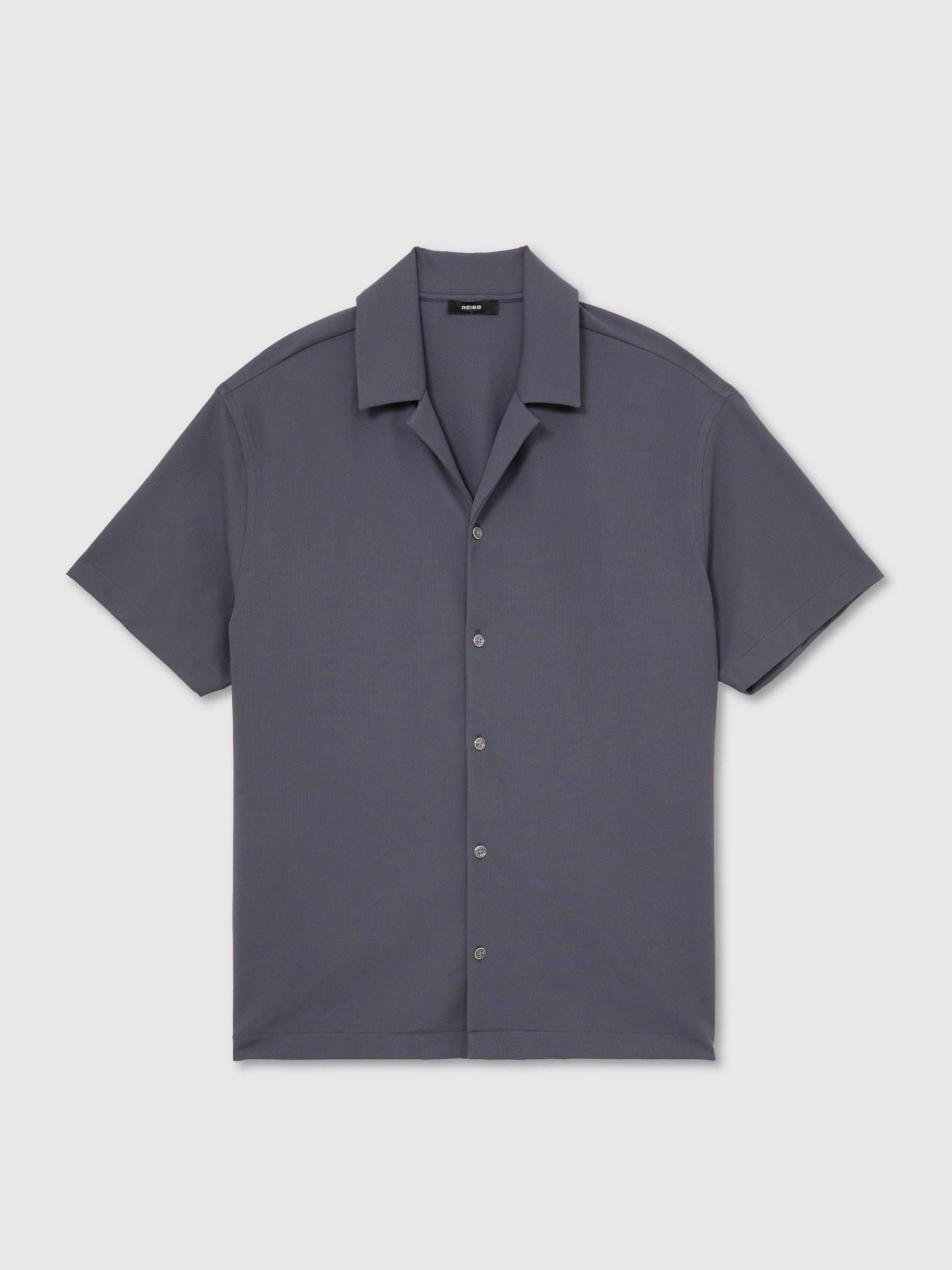 Stretch Textured Cuban-Collar Shirt in Airforce Blue - Image 2 of 6