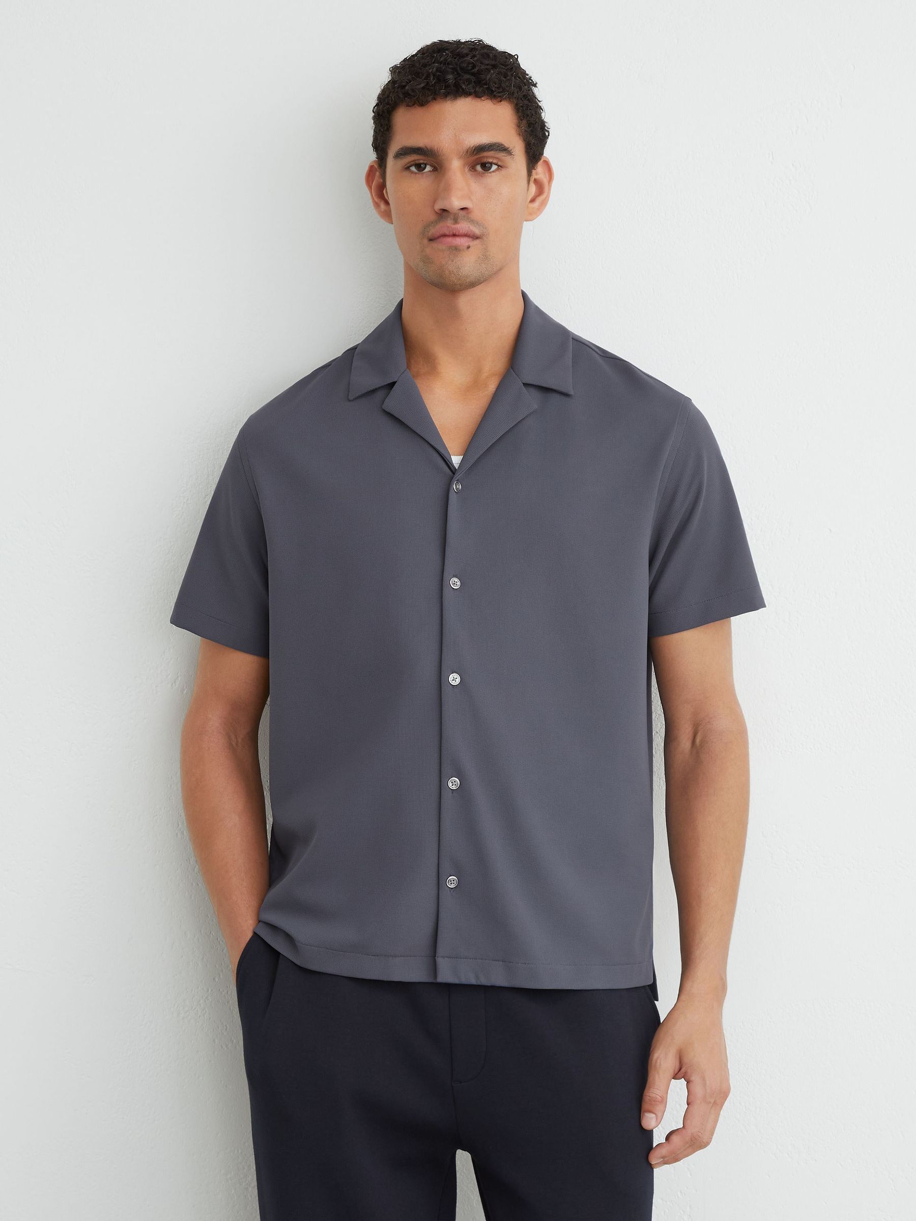 Stretch Textured Cuban-Collar Shirt in Airforce Blue - Image 3 of 6