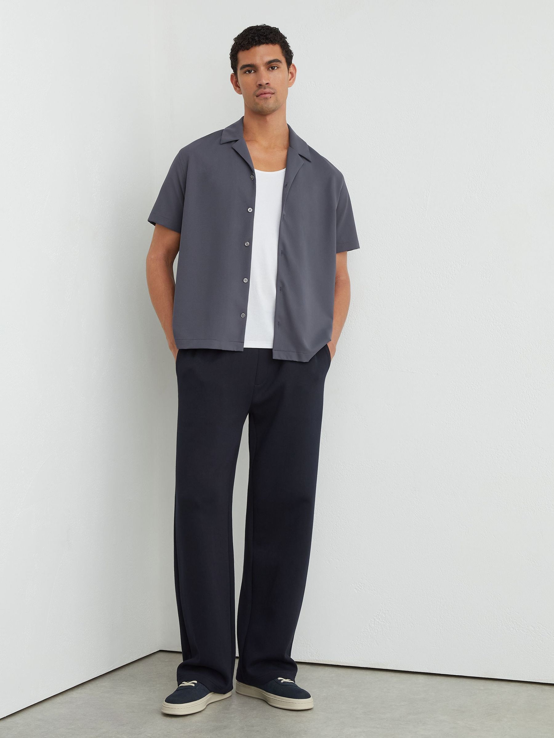 Stretch Textured Cuban-Collar Shirt in Airforce Blue - Image 4 of 6