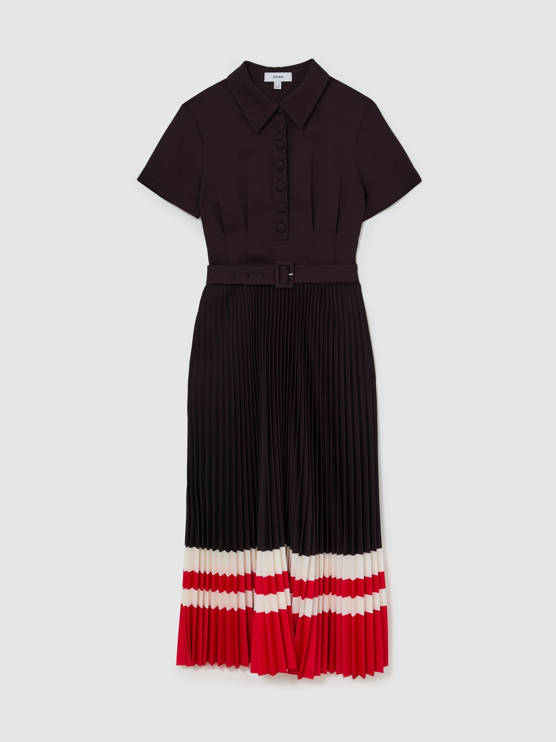 Striped-Hem Pleated Midi Dress in Grape Burgundy - Image 2 of 7