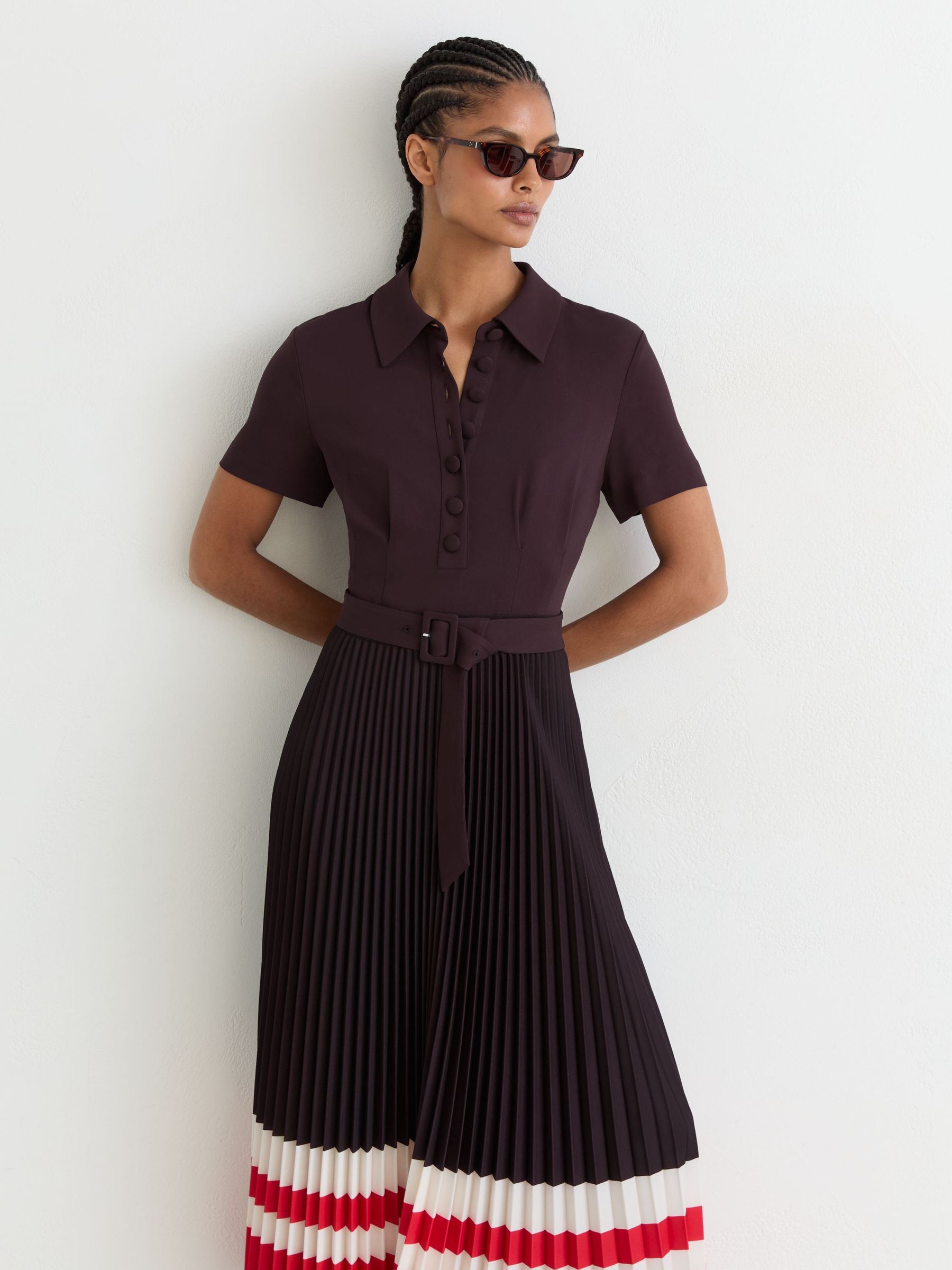Striped-Hem Pleated Midi Dress in Grape Burgundy - Image 3 of 7