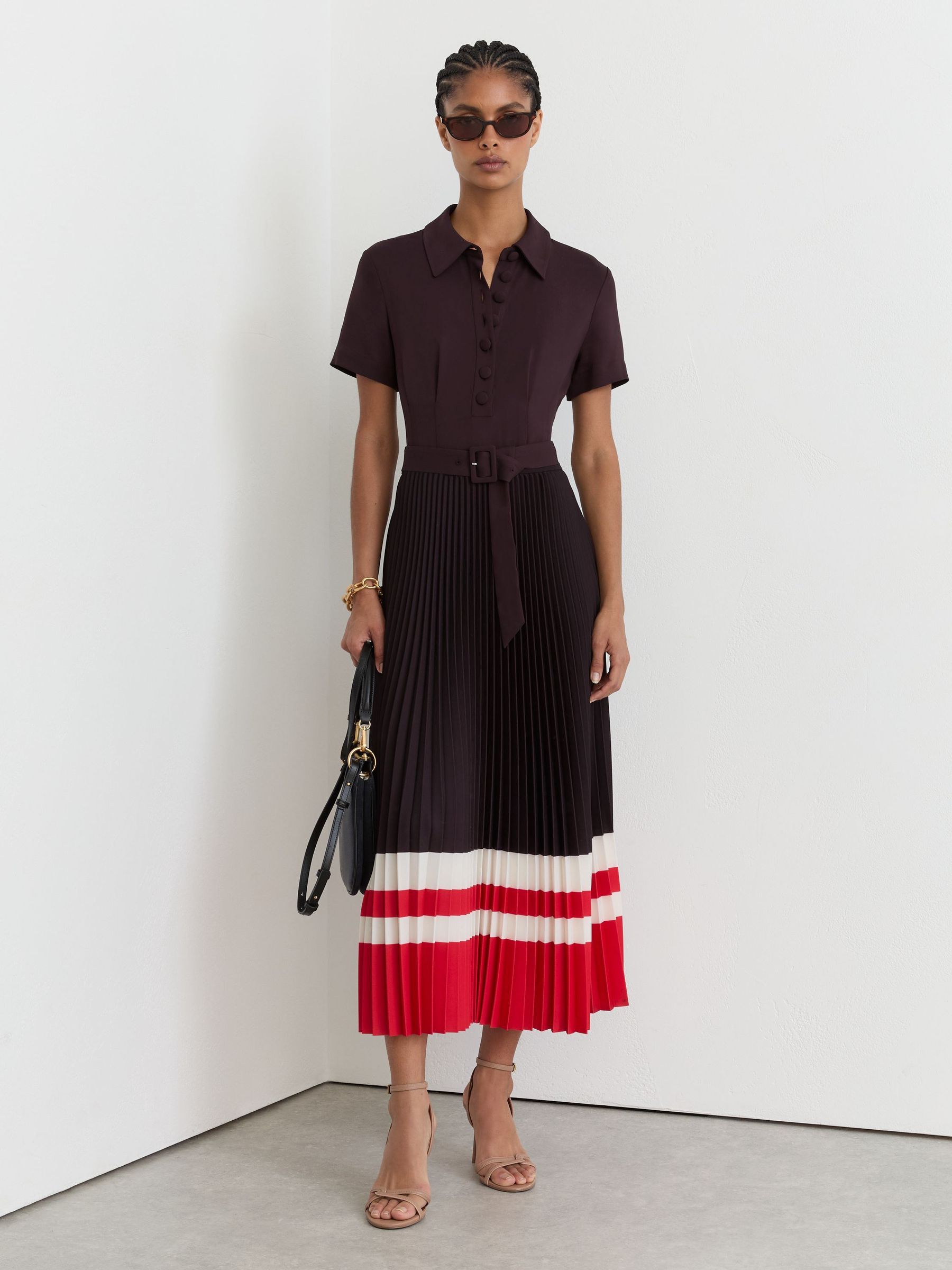 Striped-Hem Pleated Midi Dress in Grape Burgundy - Image 4 of 7