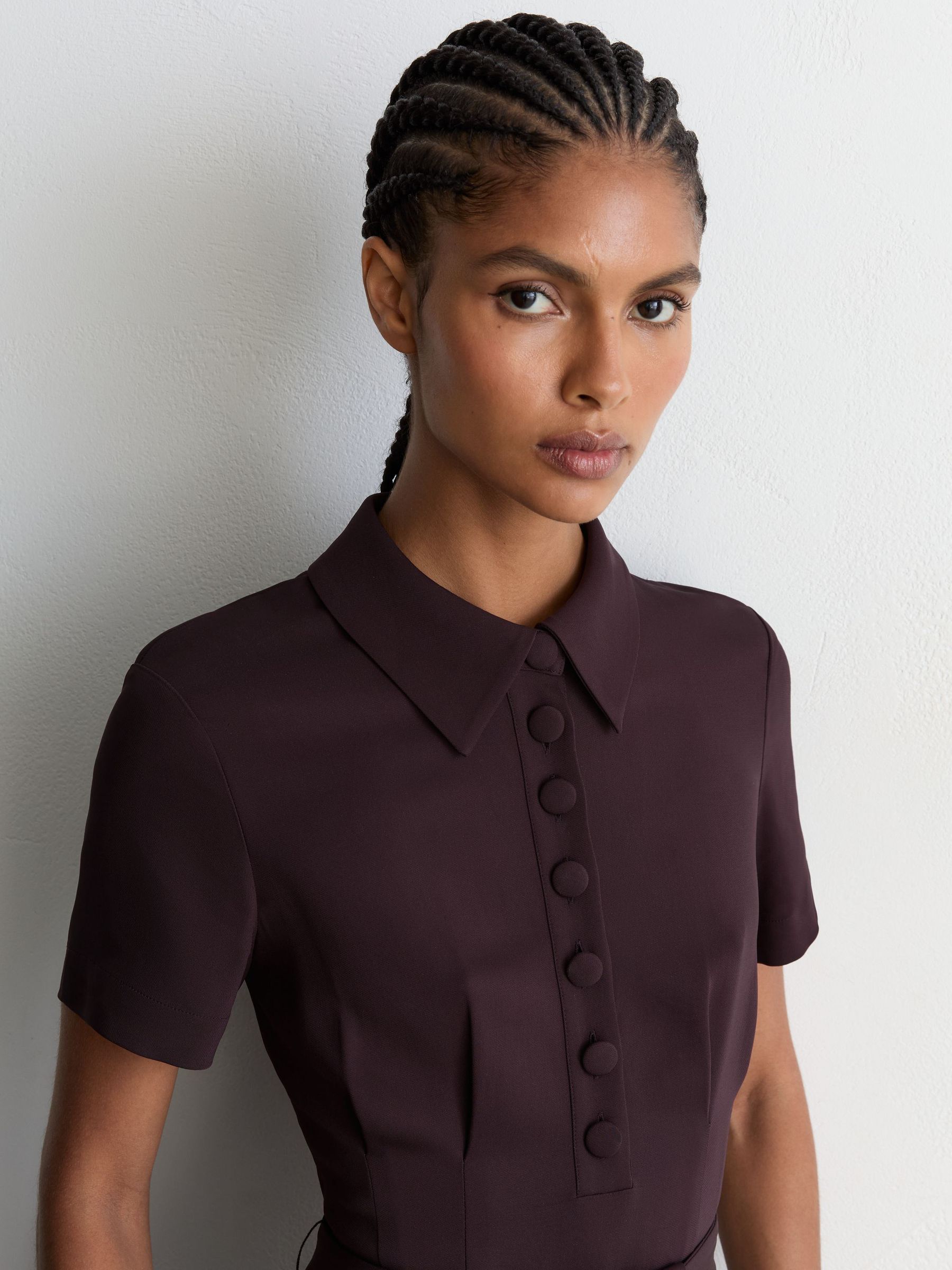 Striped-Hem Pleated Midi Dress in Grape Burgundy - Image 5 of 7