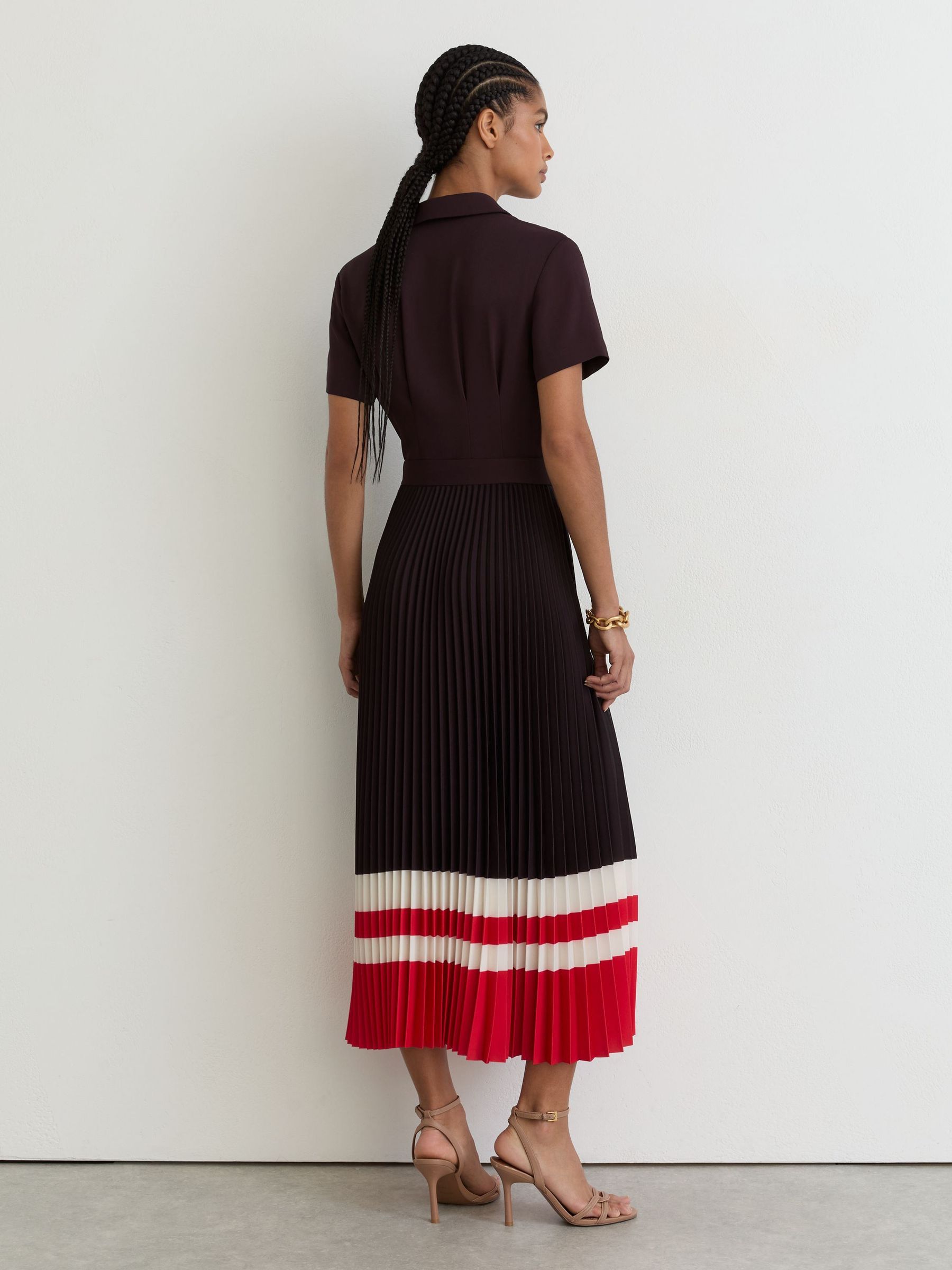 Striped-Hem Pleated Midi Dress in Grape Burgundy - Image 6 of 7