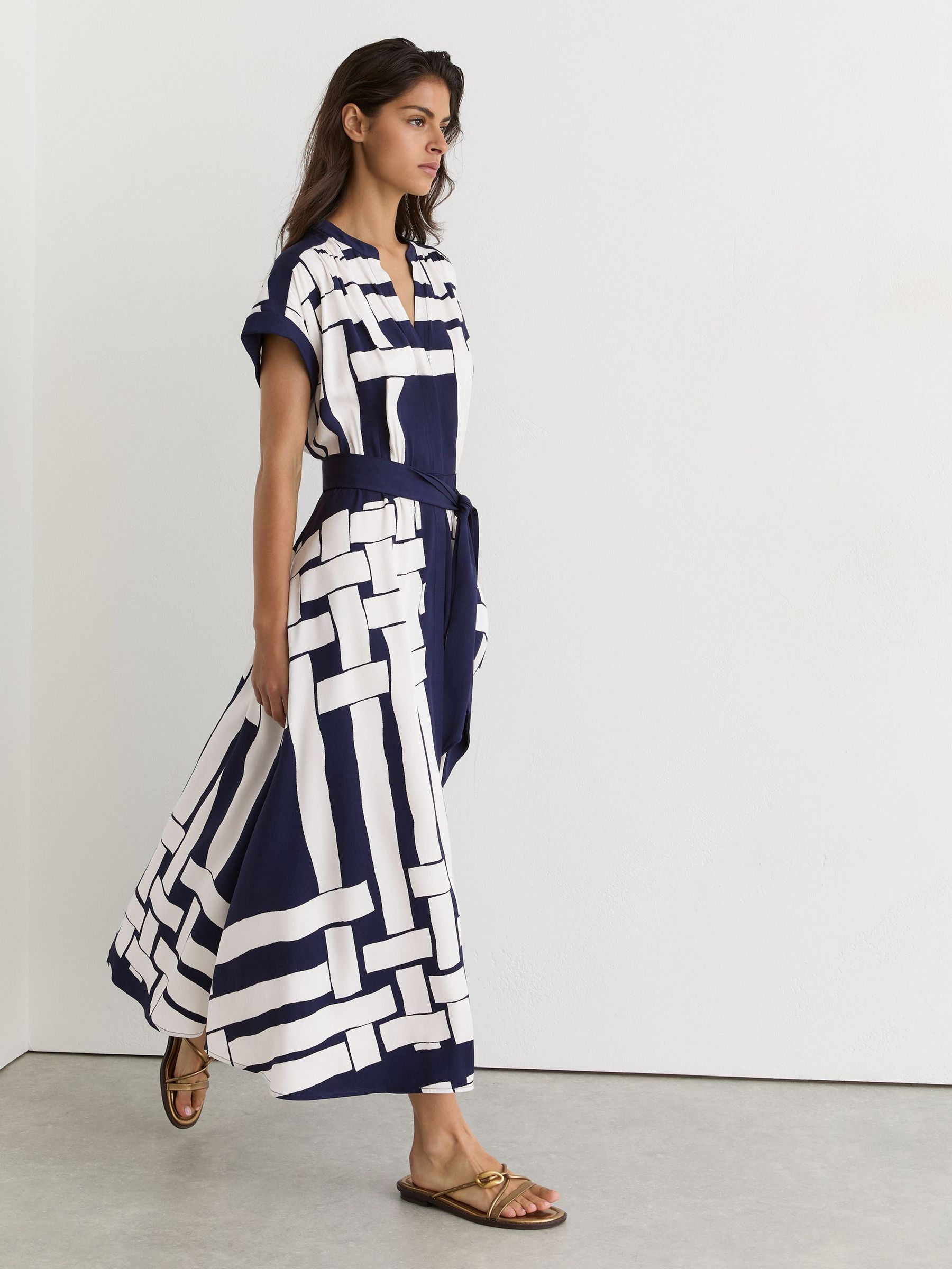 Petite Scarf-Print Belted Midi Dress in Navy/Ivory - Image 1 of 9 Petite Scarf-Print Belted Midi Dress in Navy/Ivory - Image 1 of 9