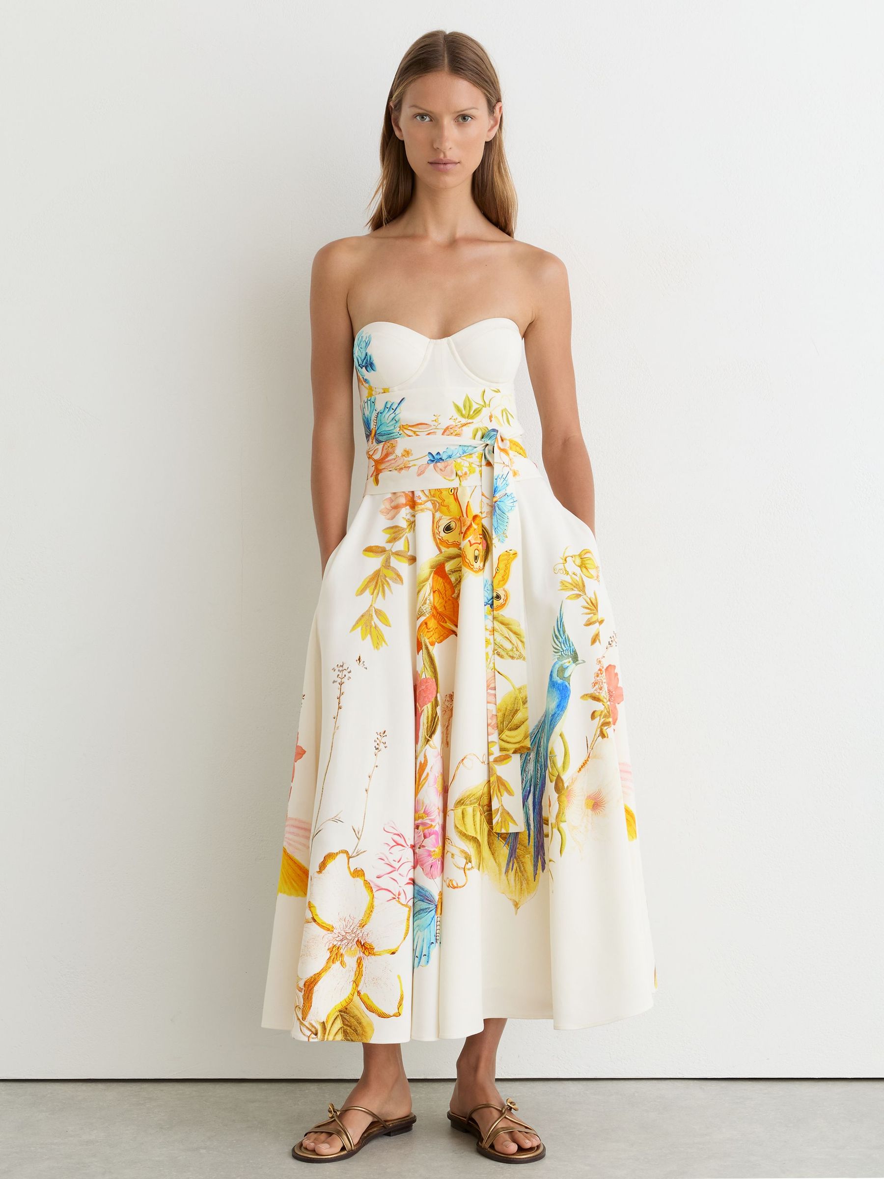 Reiss | NYBG Printed Bustier Midi Dress in Ivory - Image 4 of 7
