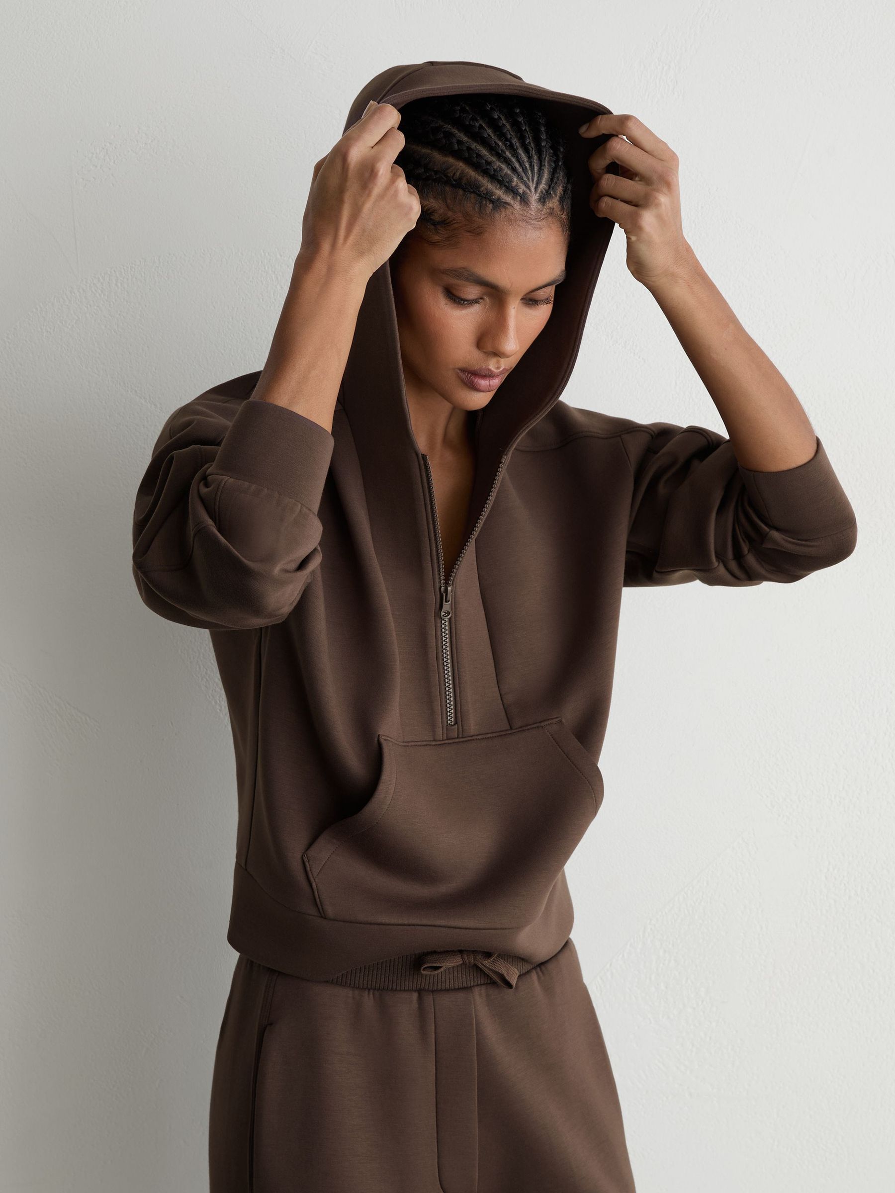 Premium Interlock Half-Zip Hoodie in Mocha Brown - Image 1 of 7