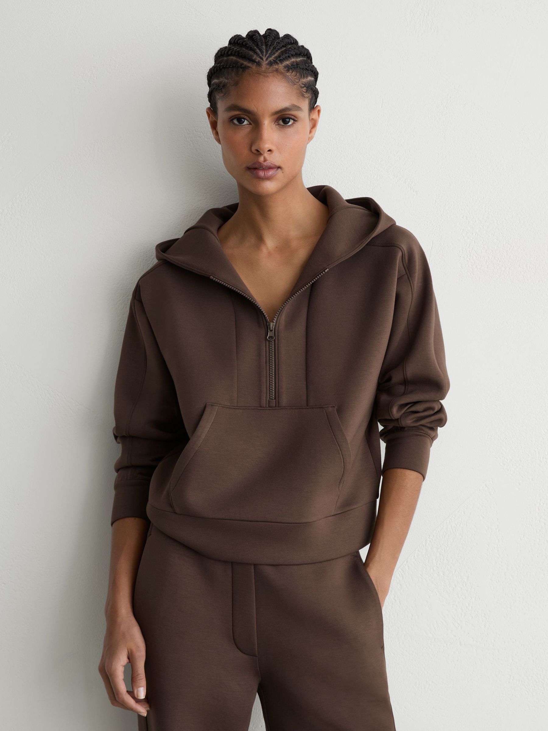 Premium Interlock Half-Zip Hoodie in Mocha Brown - Image 4 of 7