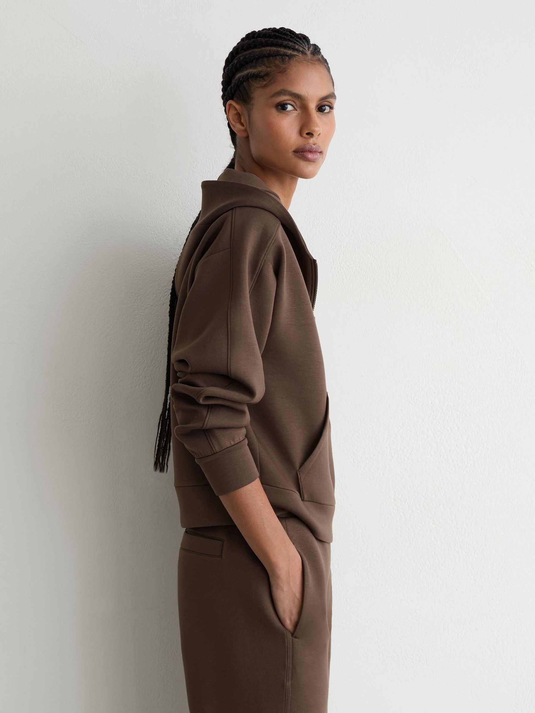 Premium Interlock Half-Zip Hoodie in Mocha Brown - Image 6 of 7
