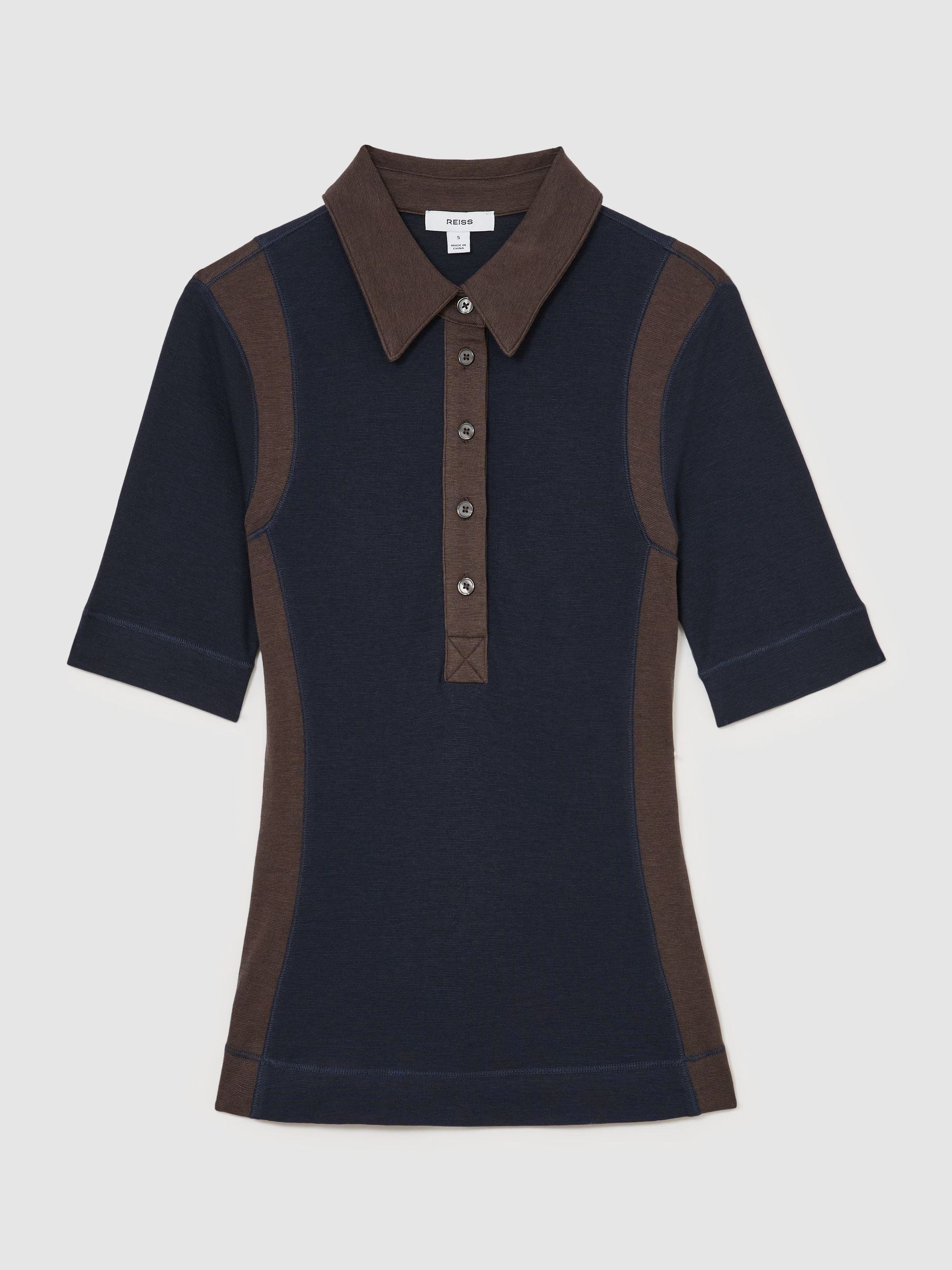 Colour-Block Half-Button Top With Wool in Navy/Chocolate Brown - Image 2 of 5