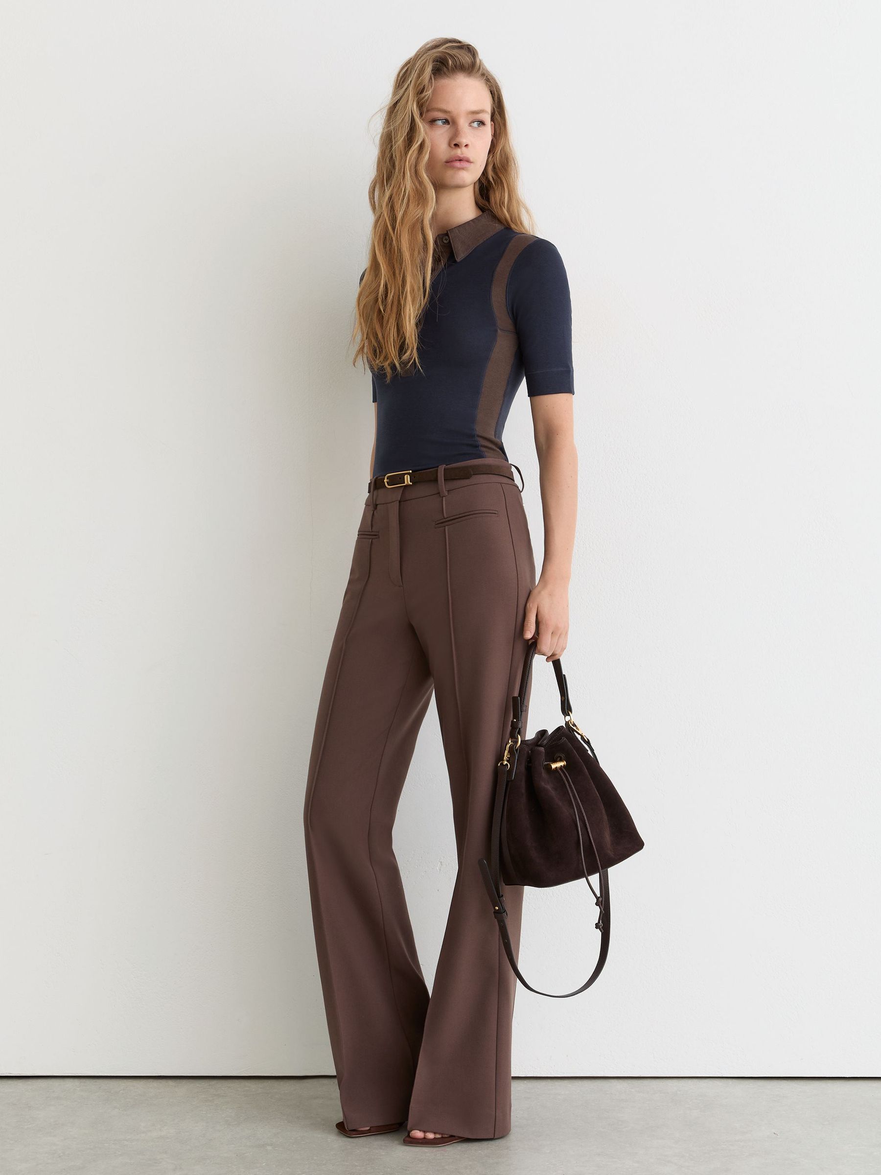 Colour-Block Half-Button Top With Wool in Navy/Chocolate Brown - Image 3 of 5