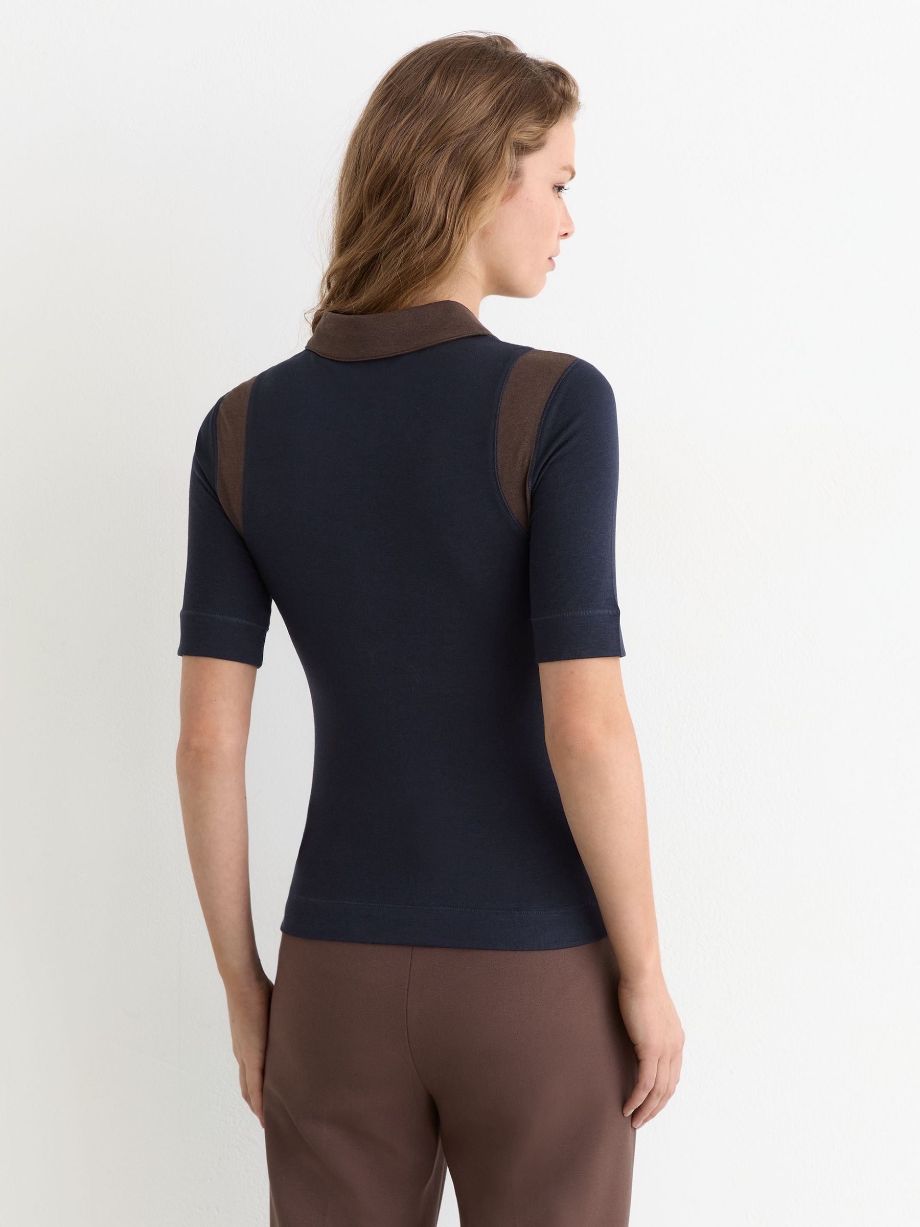 Colour-Block Half-Button Top With Wool in Navy/Chocolate Brown - Image 4 of 5