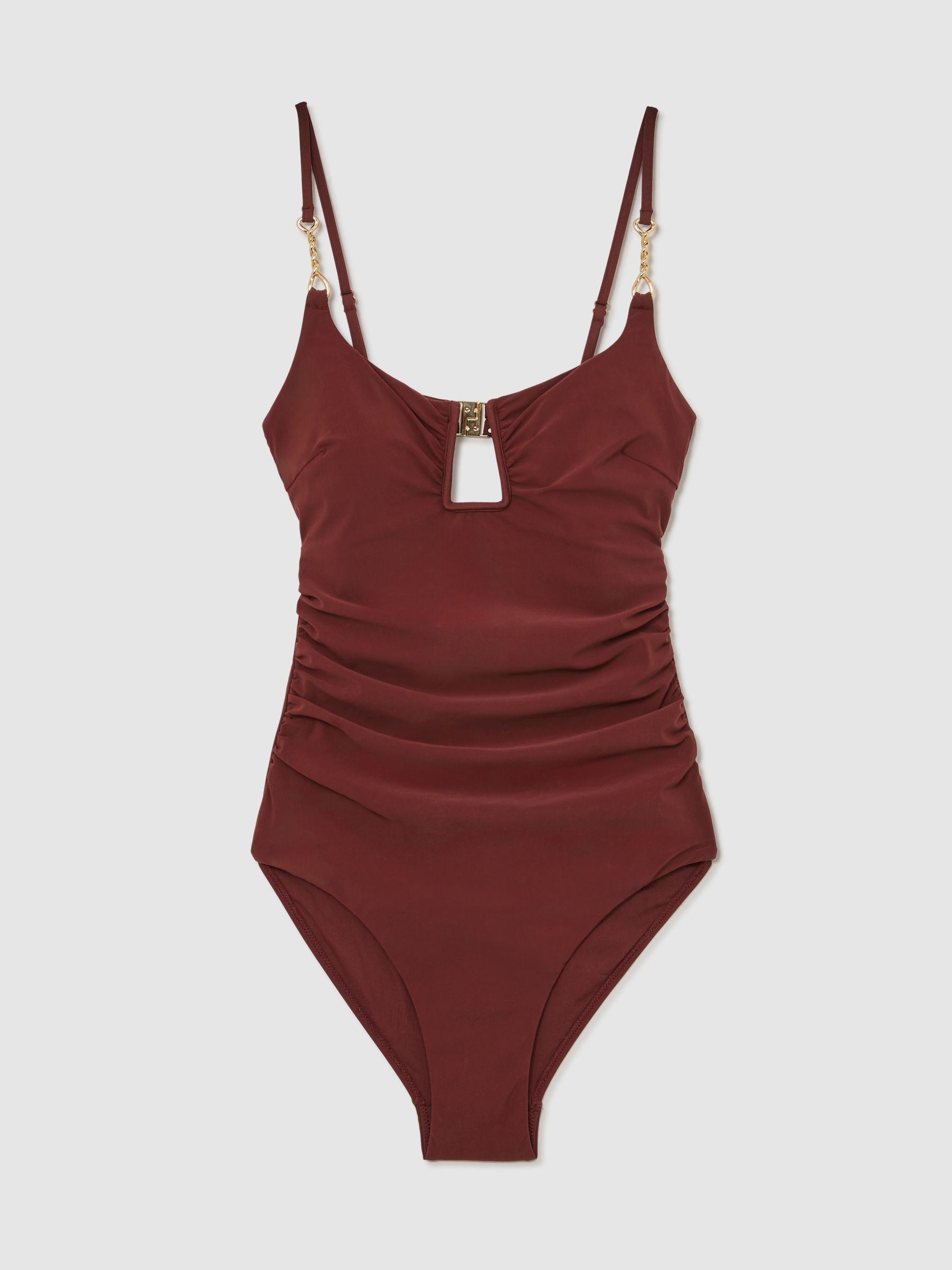 Cut-Out Detail Ruched Swimsuit in Rhubarb Red - Image 2 of 7 Cut-Out Detail Ruched Swimsuit in Rhubarb Red - Image 2 of 7