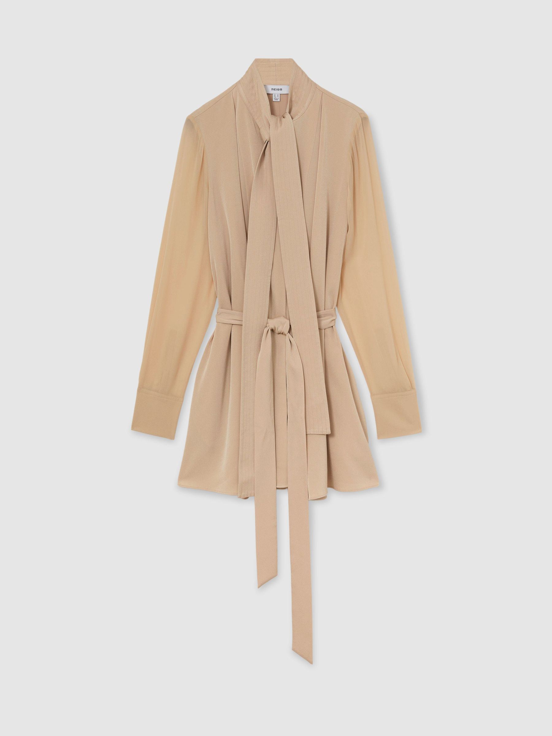 Tie-Neck Belted Mini Dress in Cream - Image 2 of 6 Tie-Neck Belted Mini Dress in Cream - Image 2 of 6