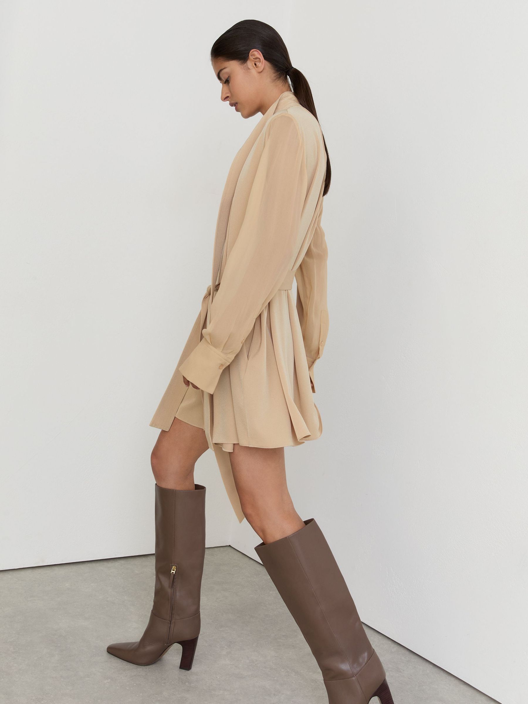 Tie-Neck Belted Mini Dress in Cream - Image 5 of 6