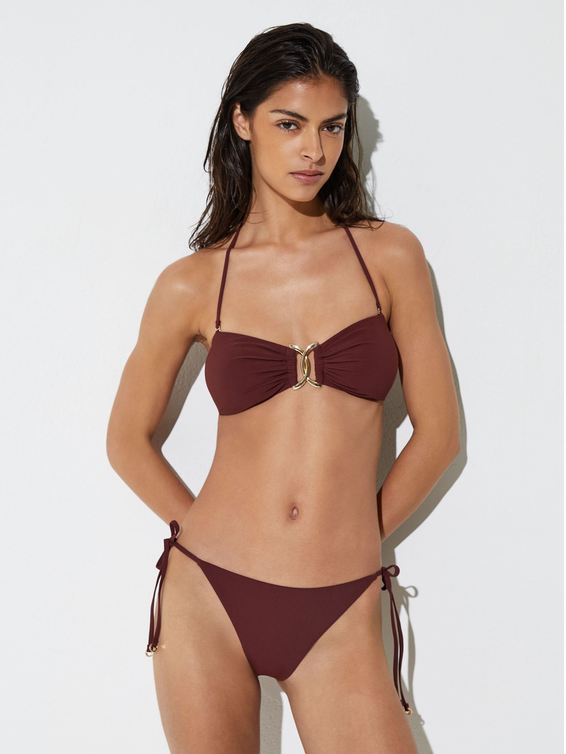 Floral-Print Halter Bandeau Bikini Top in Rhubarb Red - Image 1 of 7