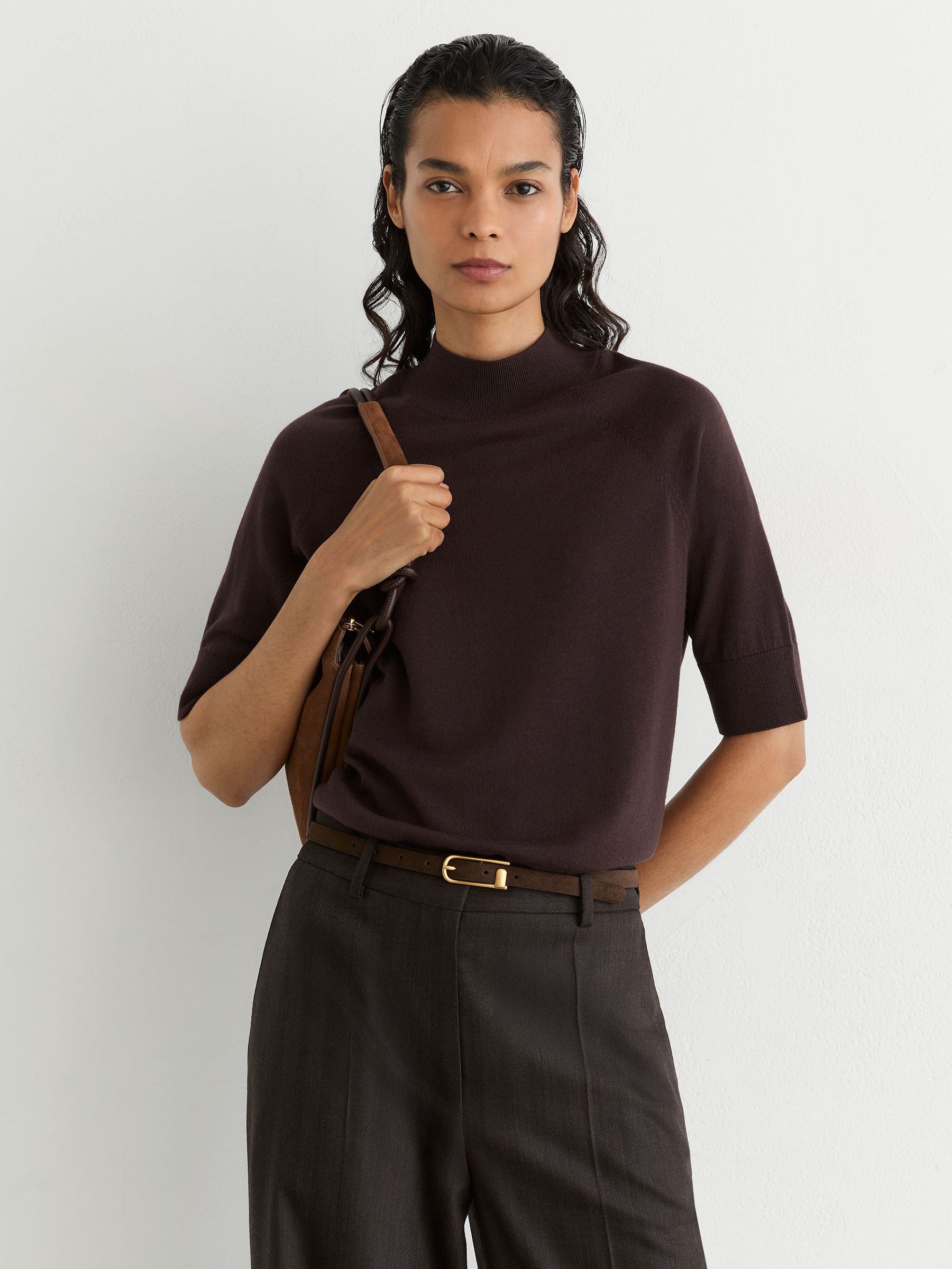 Merino Wool Funnel-Neck Top in Grape Burgundy - Image 1 of 6