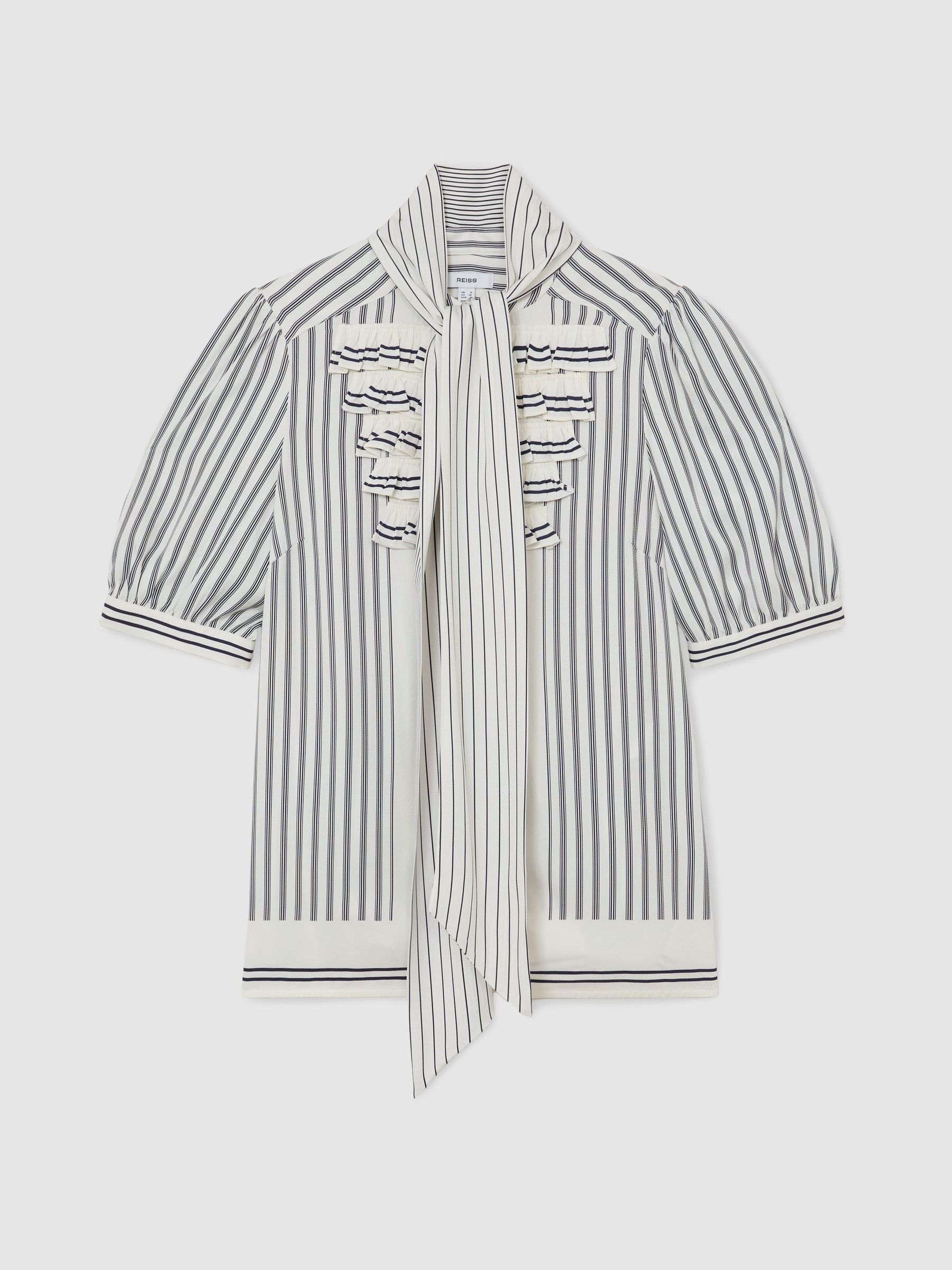 Striped Ruffle-Trim Tie-Neck Blouse in Navy/Ivory - Image 2 of 7