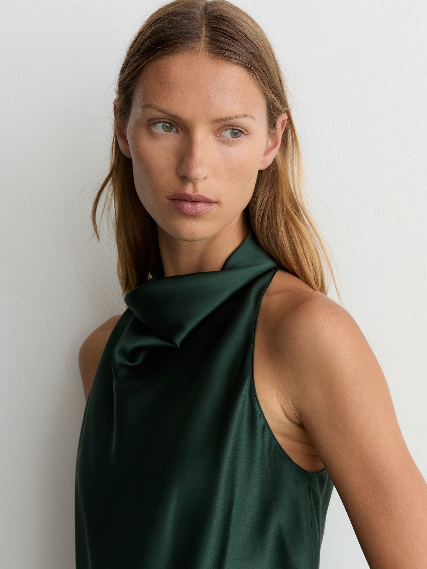 Silk Cowl-Neck Sleeveless Top in Teal Green - Image 1 of 7