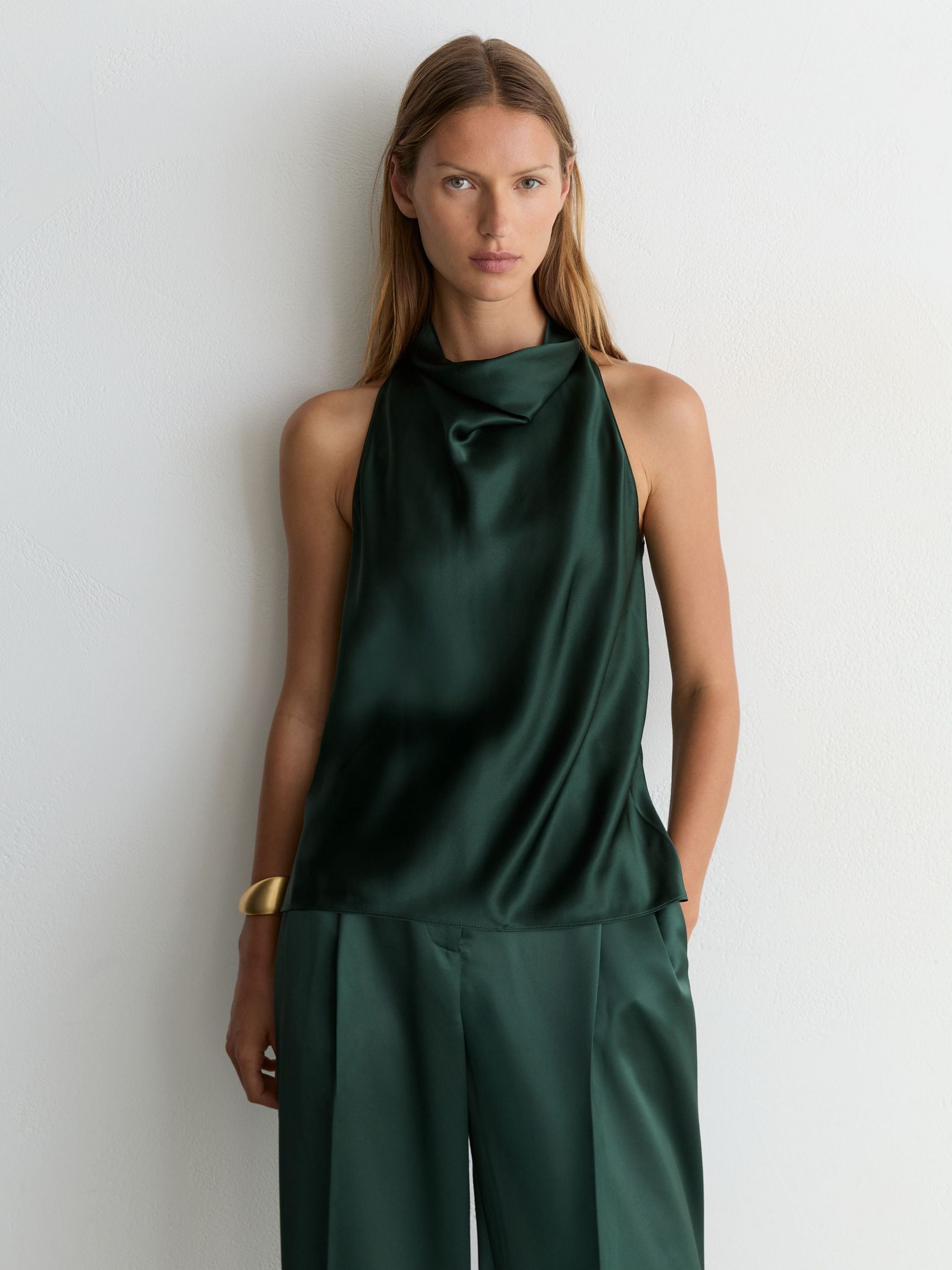 Silk Cowl-Neck Sleeveless Top in Teal Green - Image 5 of 7
