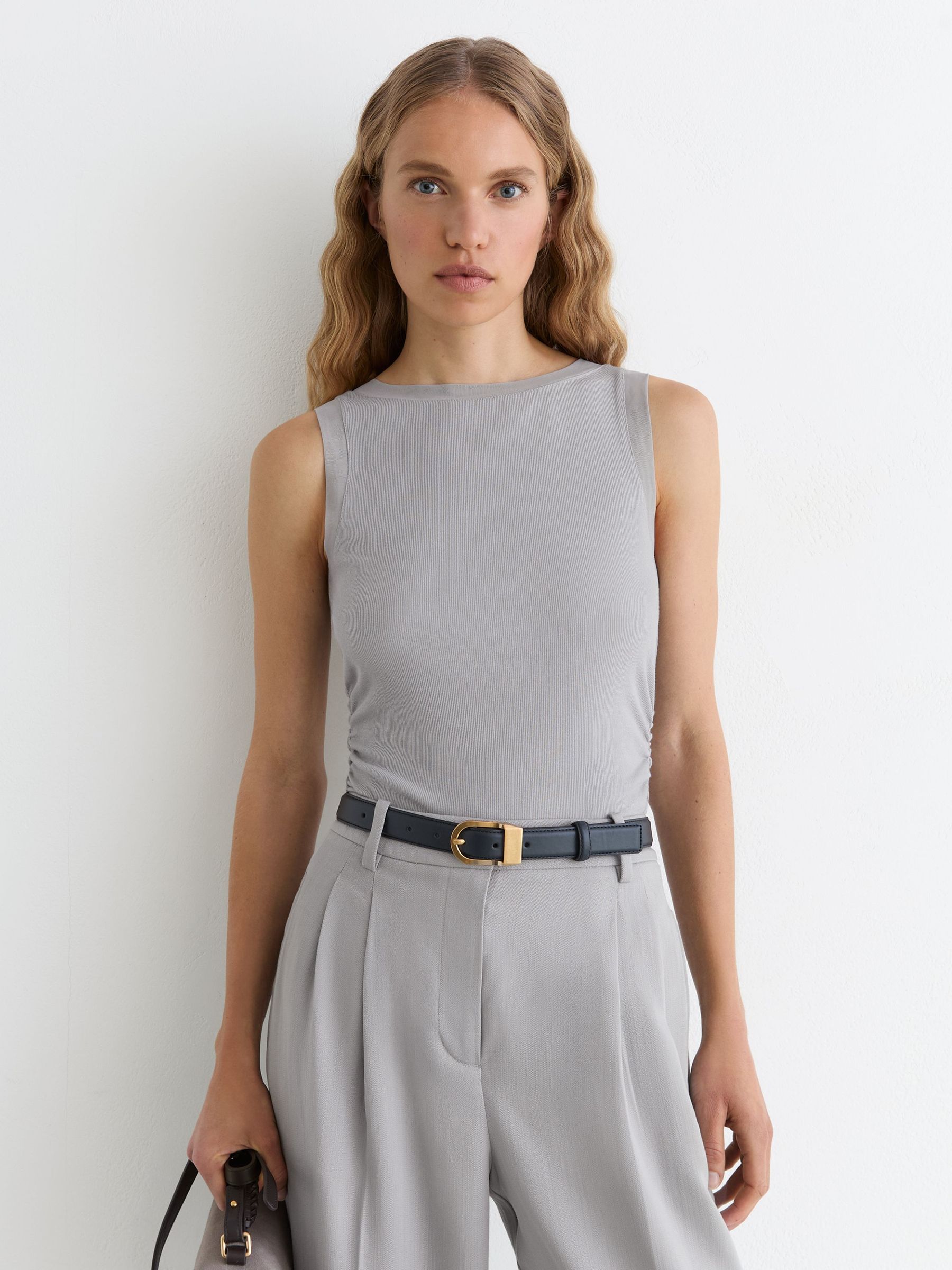 Modal-Cotton Sheer-Trim Ruched Vest in Grey - image 3