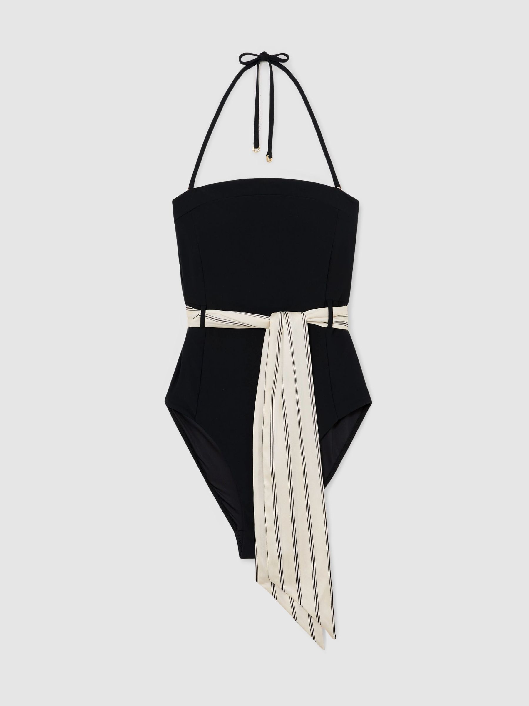 Bandeau Scarf-Belt Halterneck Swimsuit in Black Print - Image 2 of 7