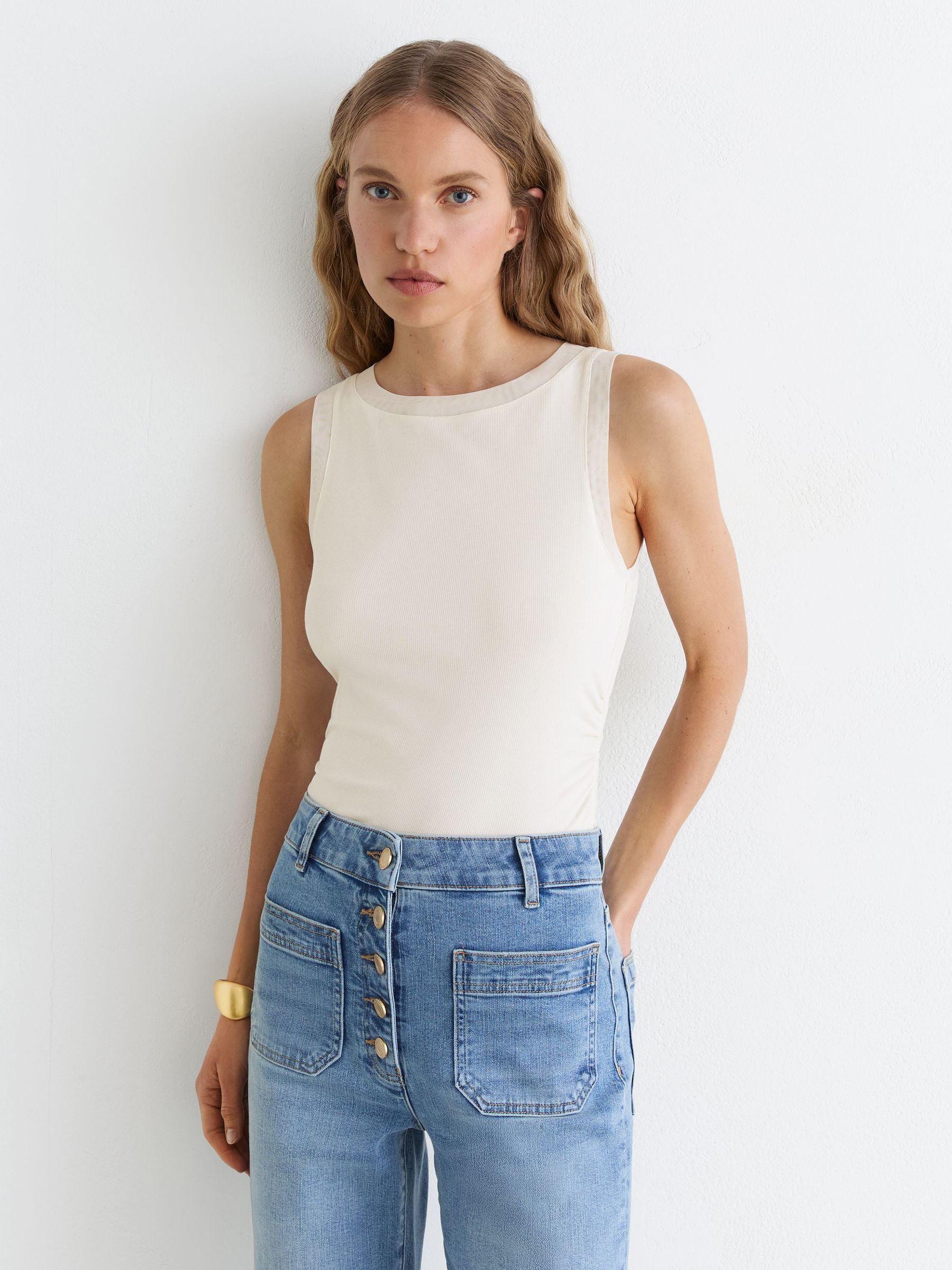 Modal-Cotton Sheer-Trim Ruched Vest in White - Image 1 of 6
