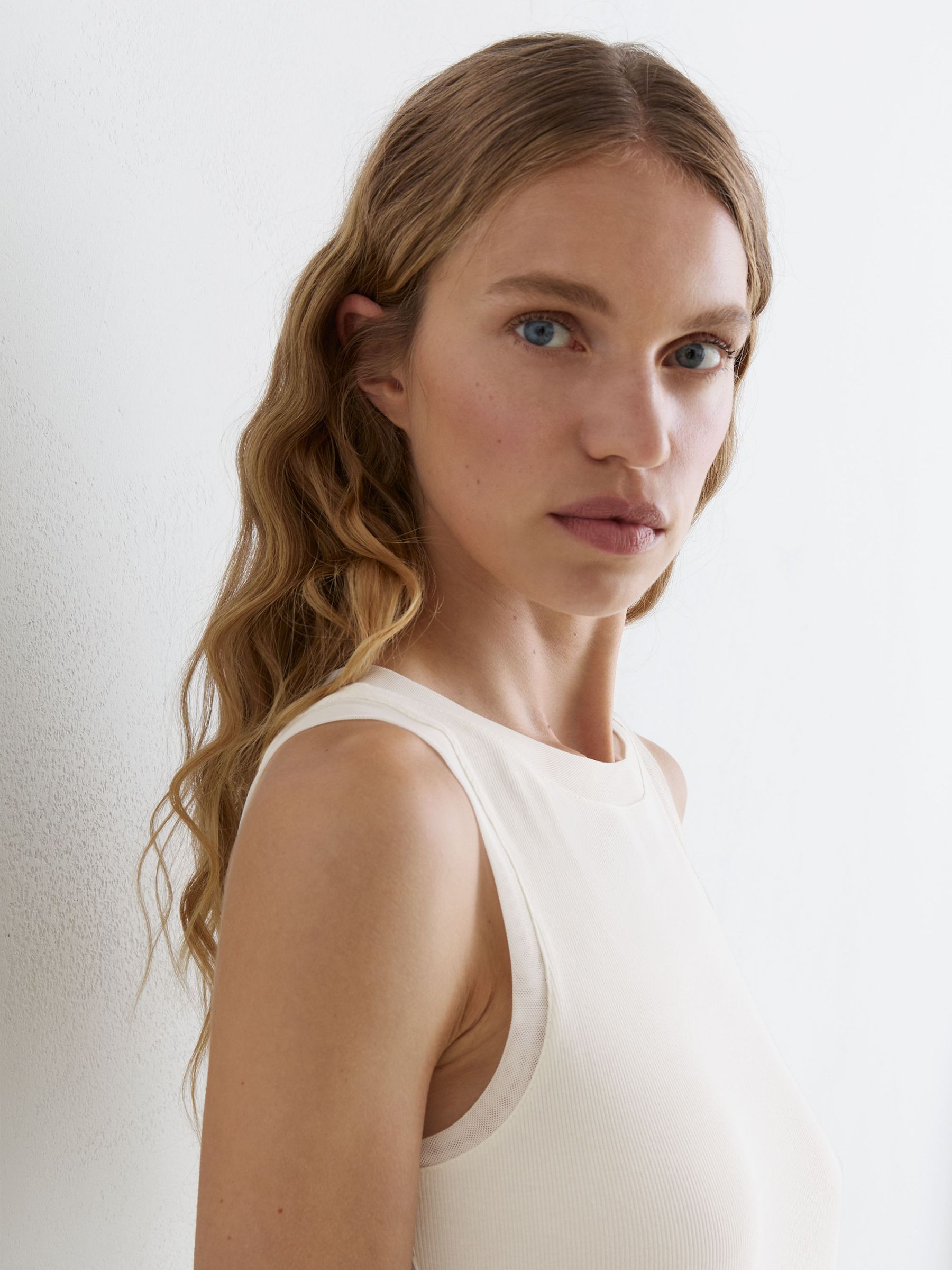 Modal-Cotton Sheer-Trim Ruched Vest in White - Image 4 of 6