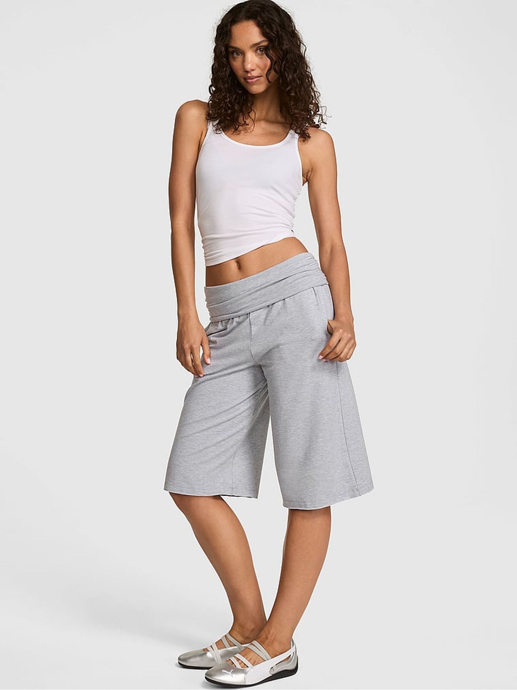 Medium Heather Grey Cotton Foldover Long Shorts - Image 1 of 2 Medium Heather Grey Cotton Foldover Long Shorts - Image 1 of 2