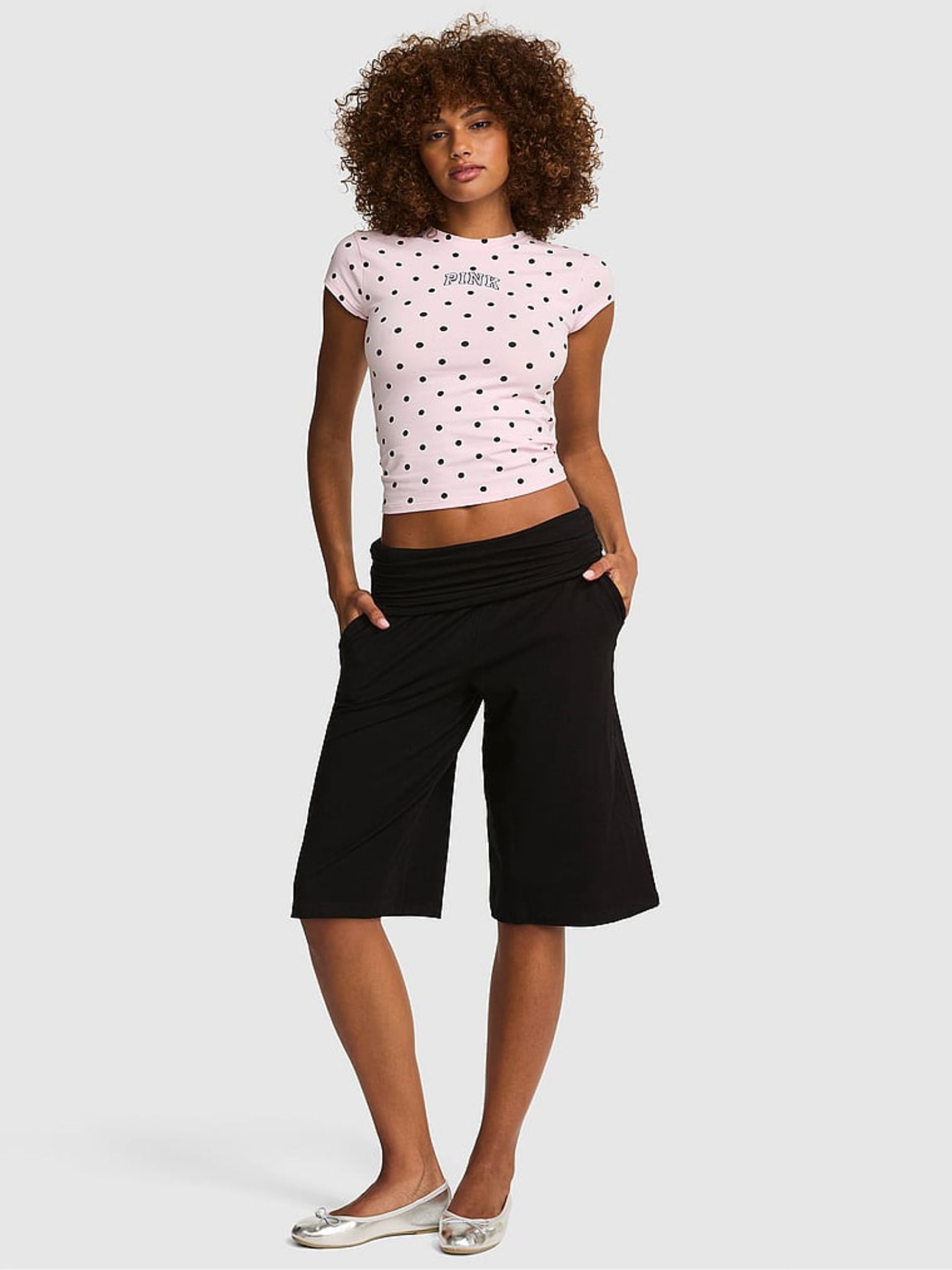 Black Cotton Foldover Long Shorts - Image 1 of 2