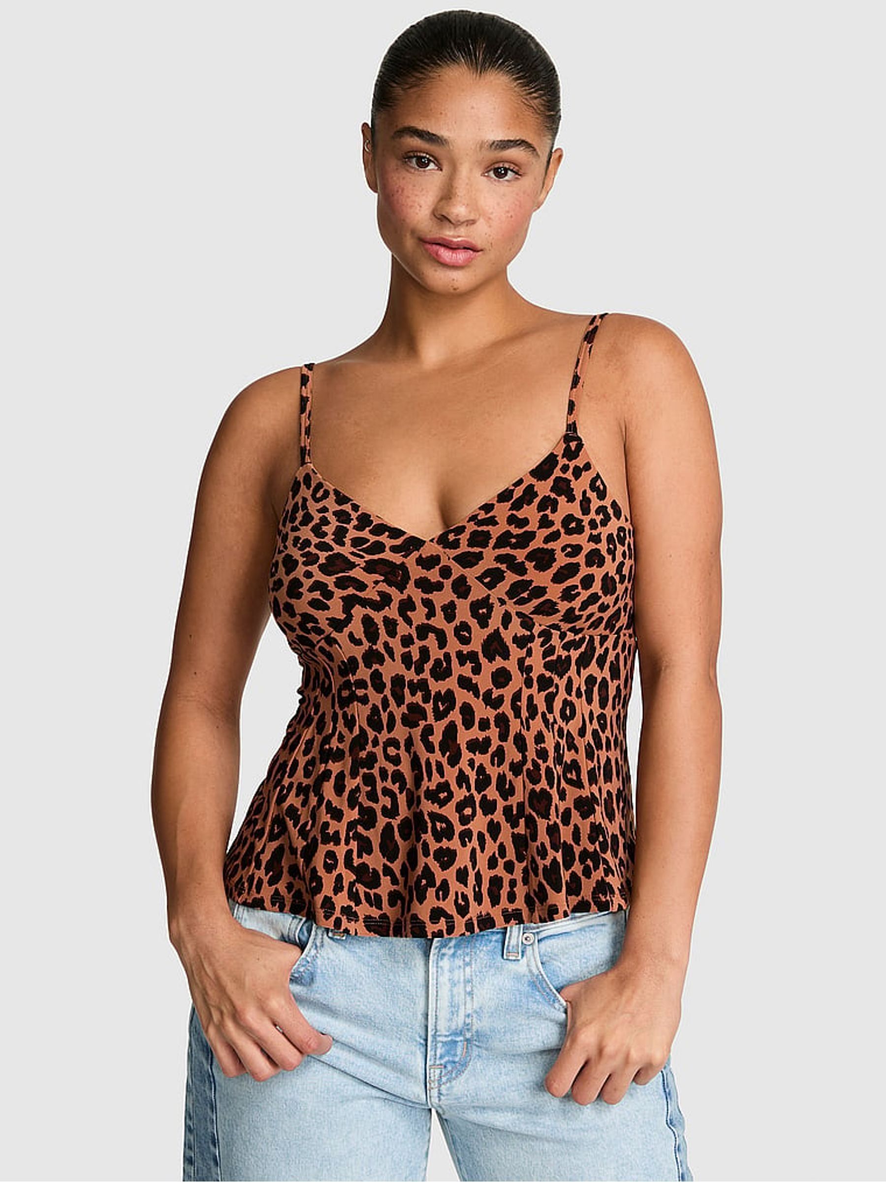 Leopard Brown Knit Corset Cami Top - Image 1 of 2