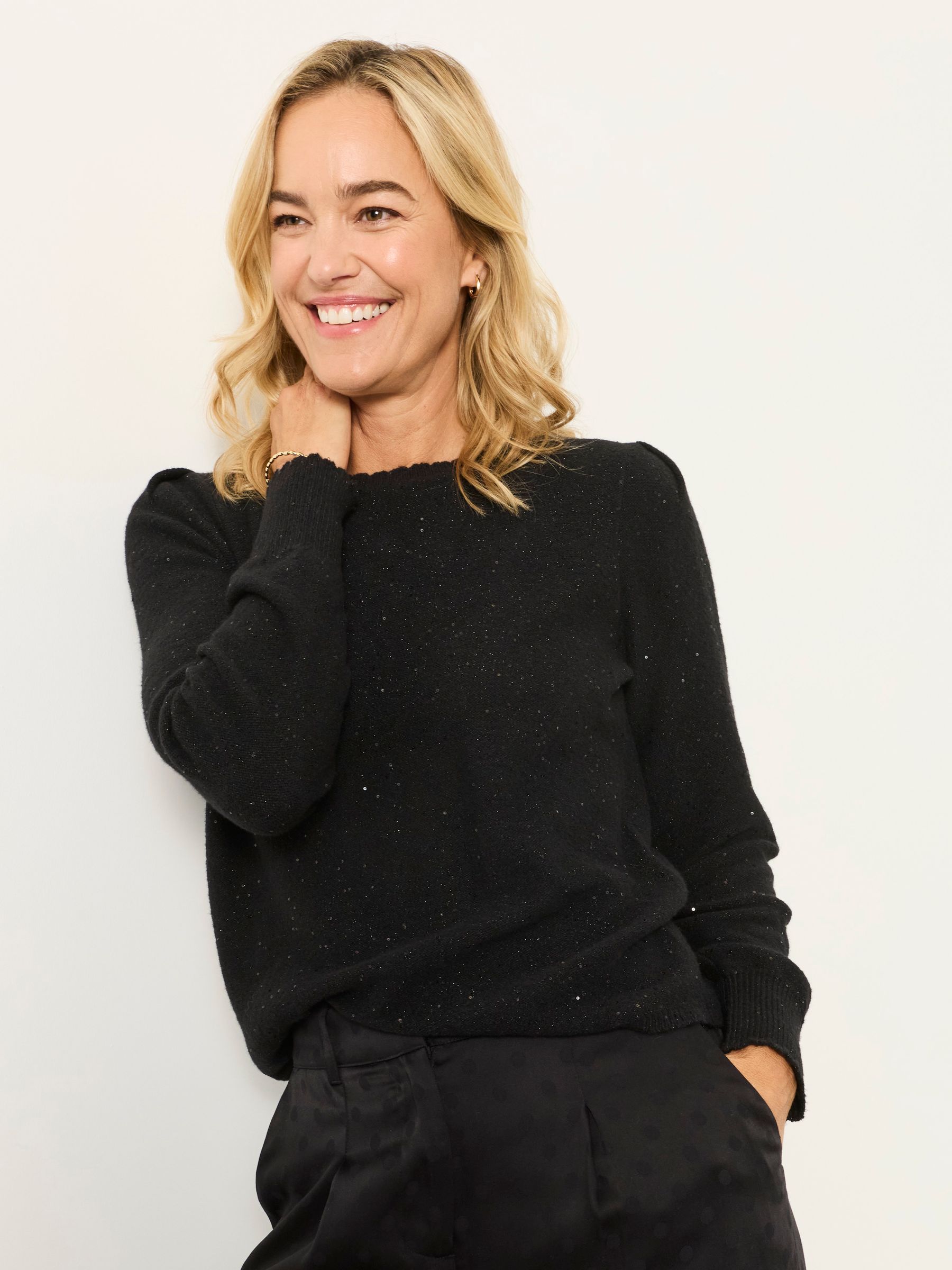 Skylar Black Knitted Sequin Sparkle Frill Cuff Jumper - Image 1 of 6