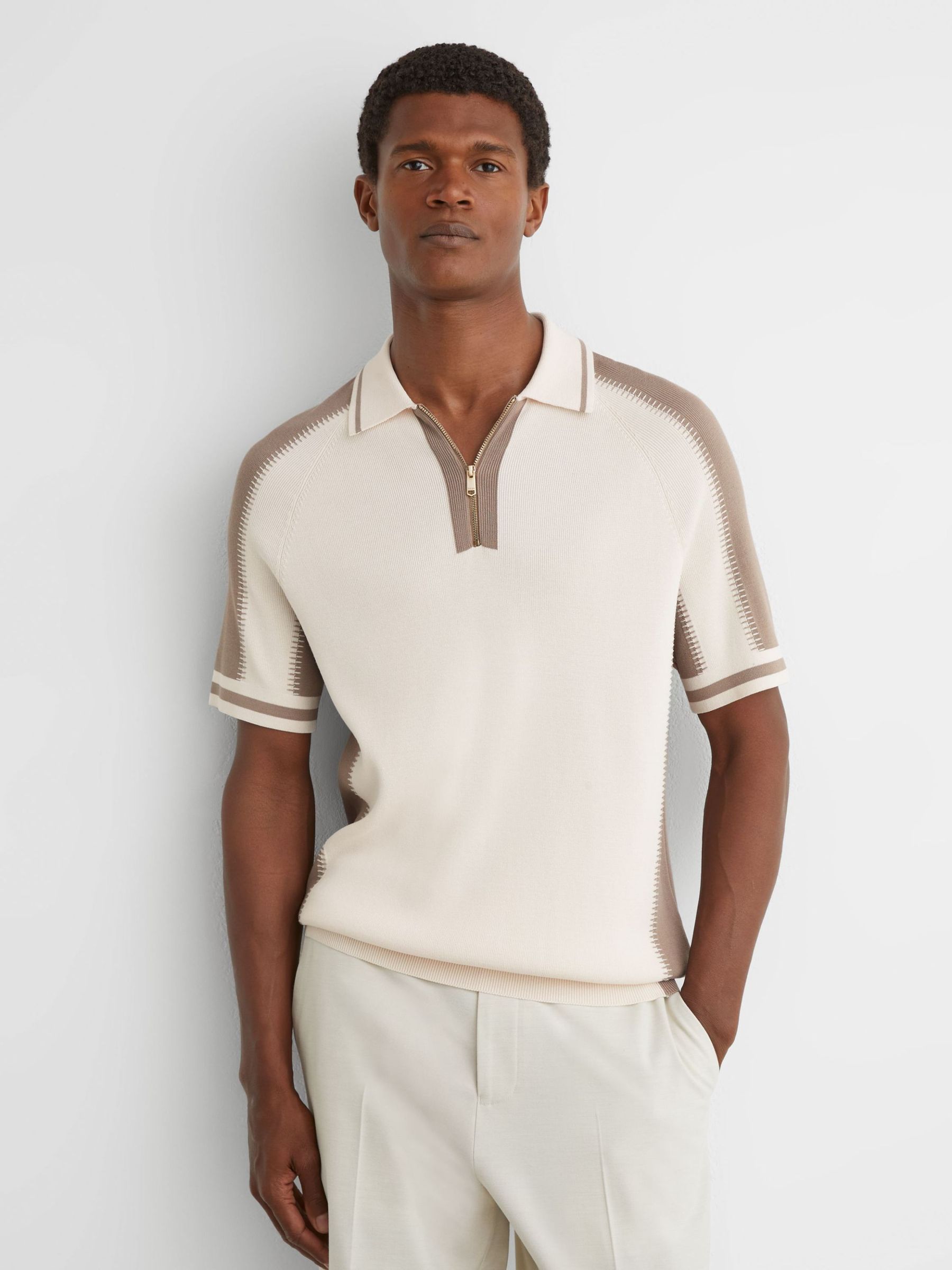 Colour-Block Half-Zip Knitted Polo Shirt in Ecru/Taupe - Image 1 of 6