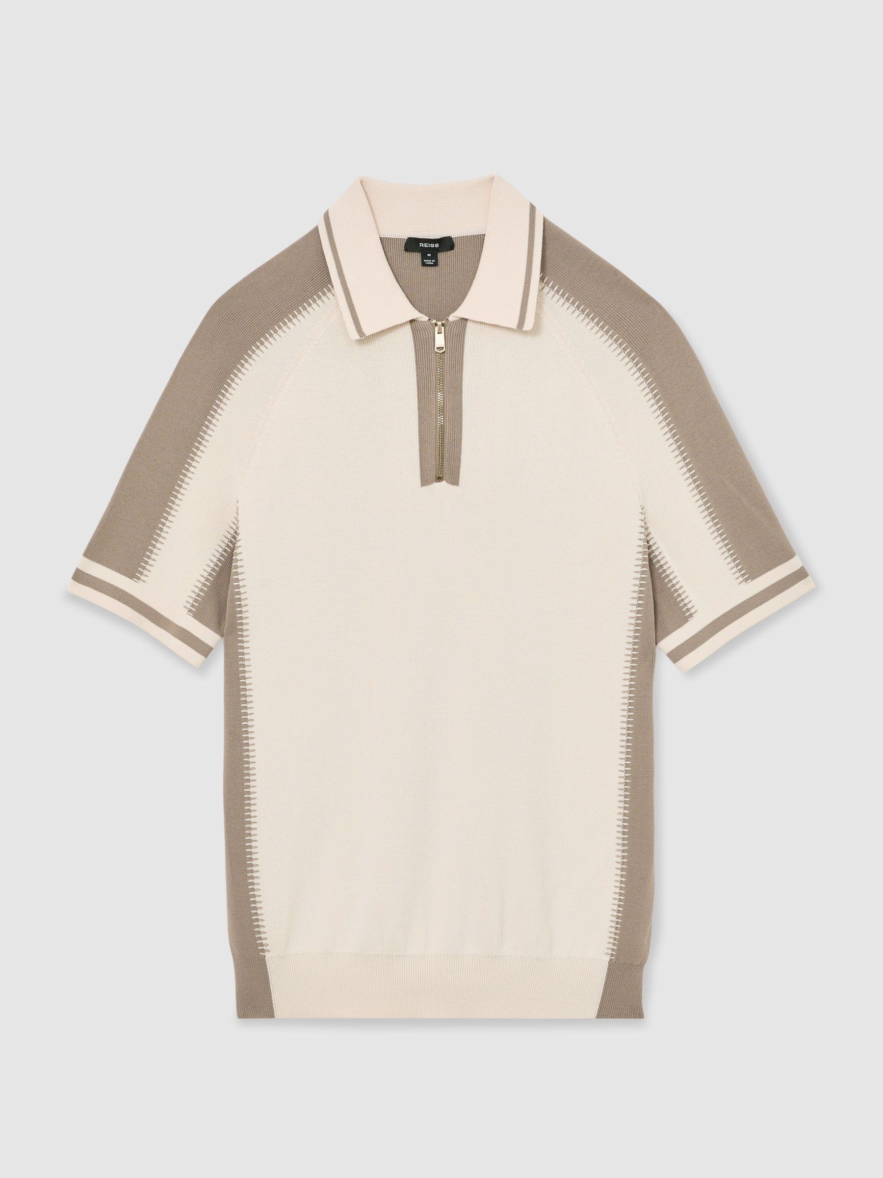 Colour-Block Half-Zip Knitted Polo Shirt in Ecru/Taupe - Image 2 of 6
