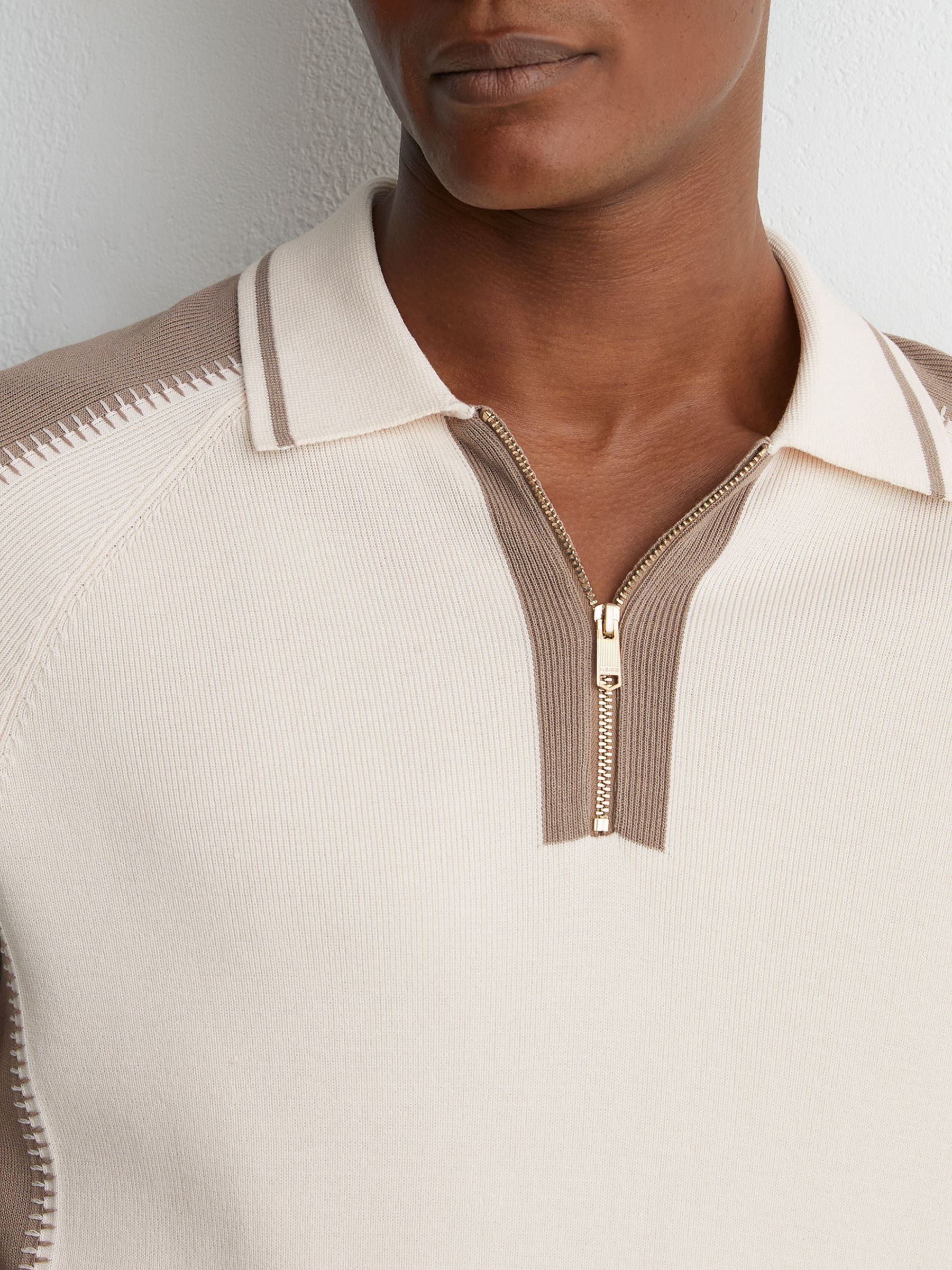 Colour-Block Half-Zip Knitted Polo Shirt in Ecru/Taupe - Image 3 of 6