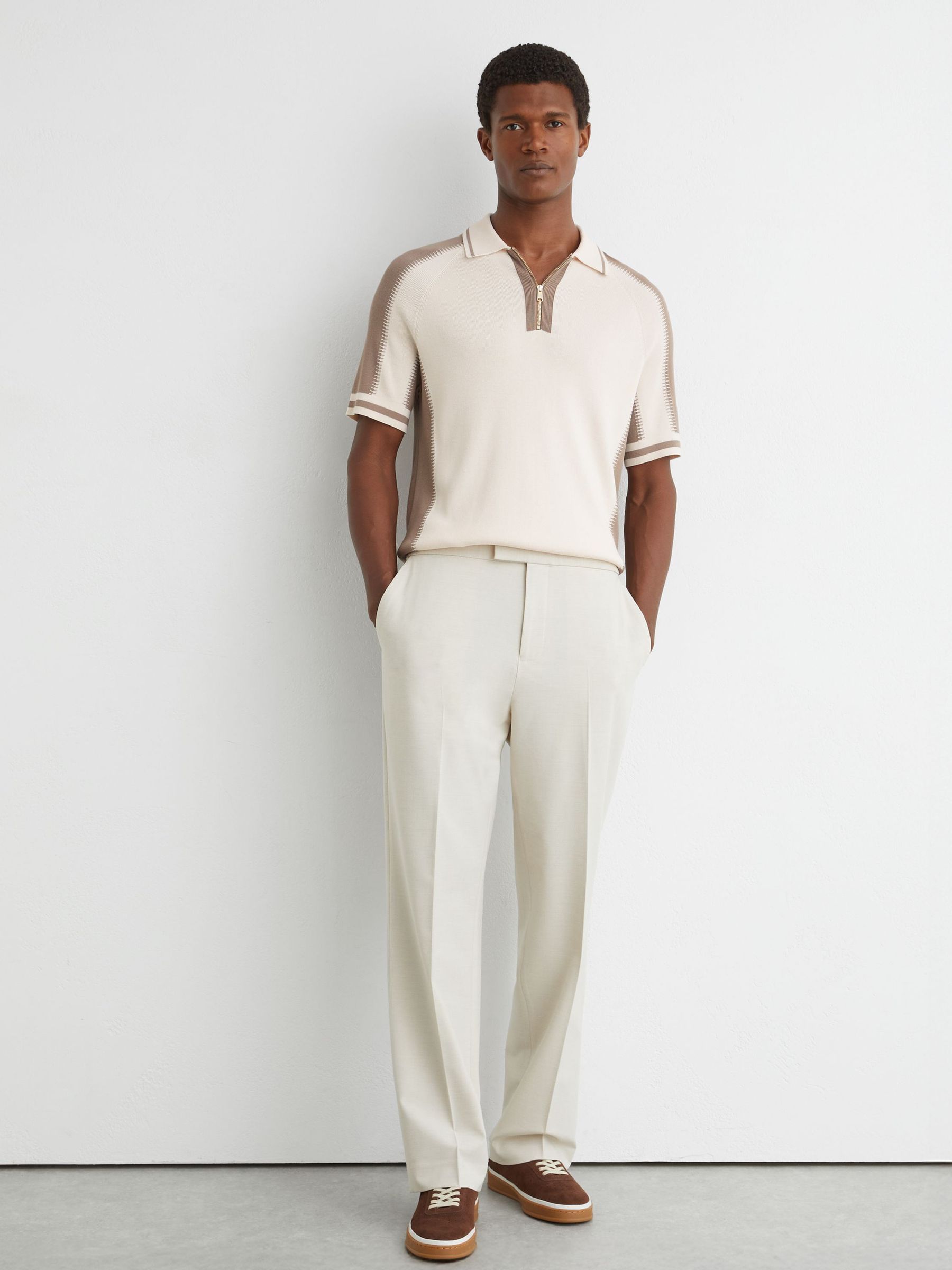 Colour-Block Half-Zip Knitted Polo Shirt in Ecru/Taupe - Image 4 of 6