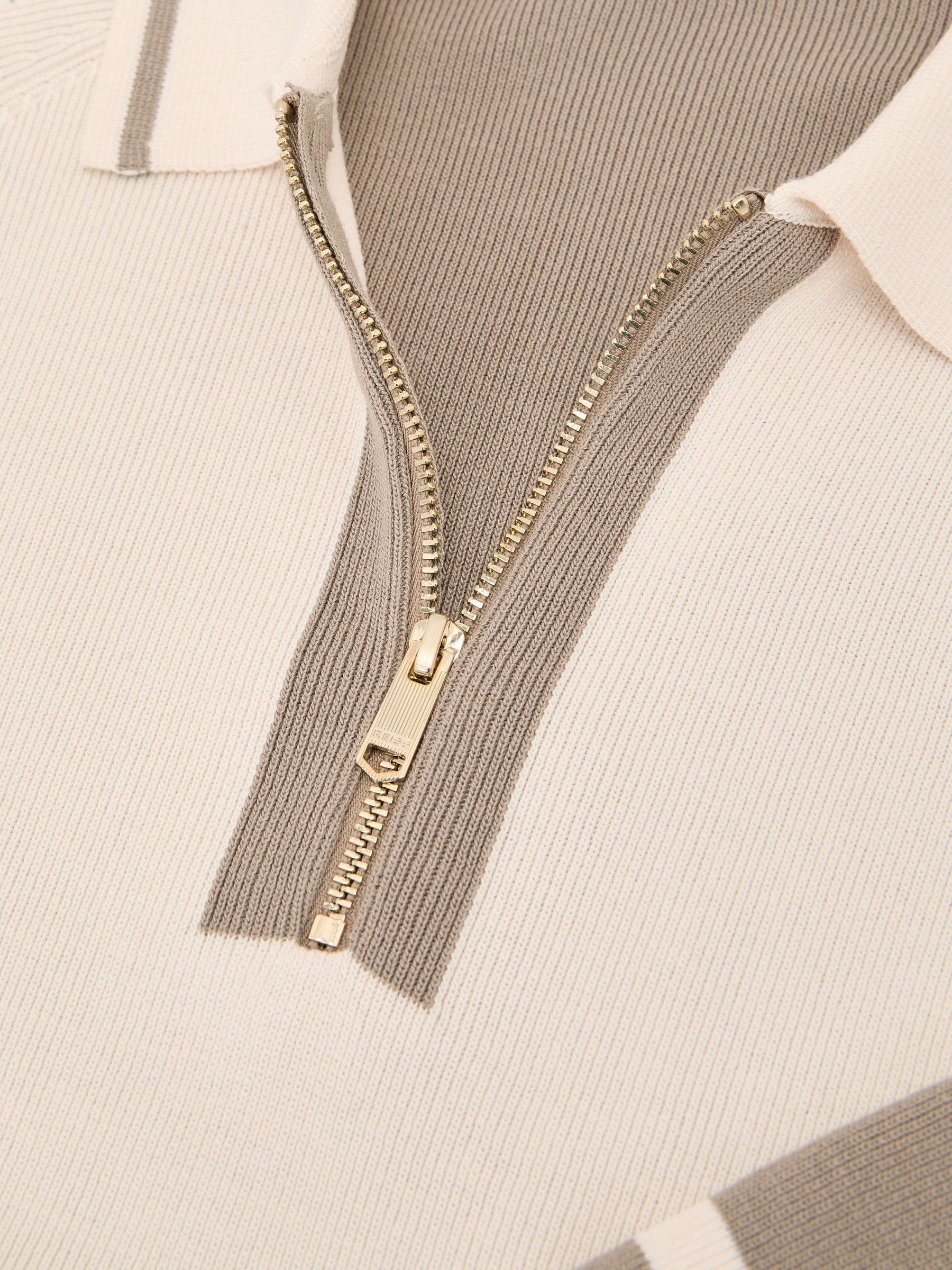 Colour-Block Half-Zip Knitted Polo Shirt in Ecru/Taupe - Image 6 of 6