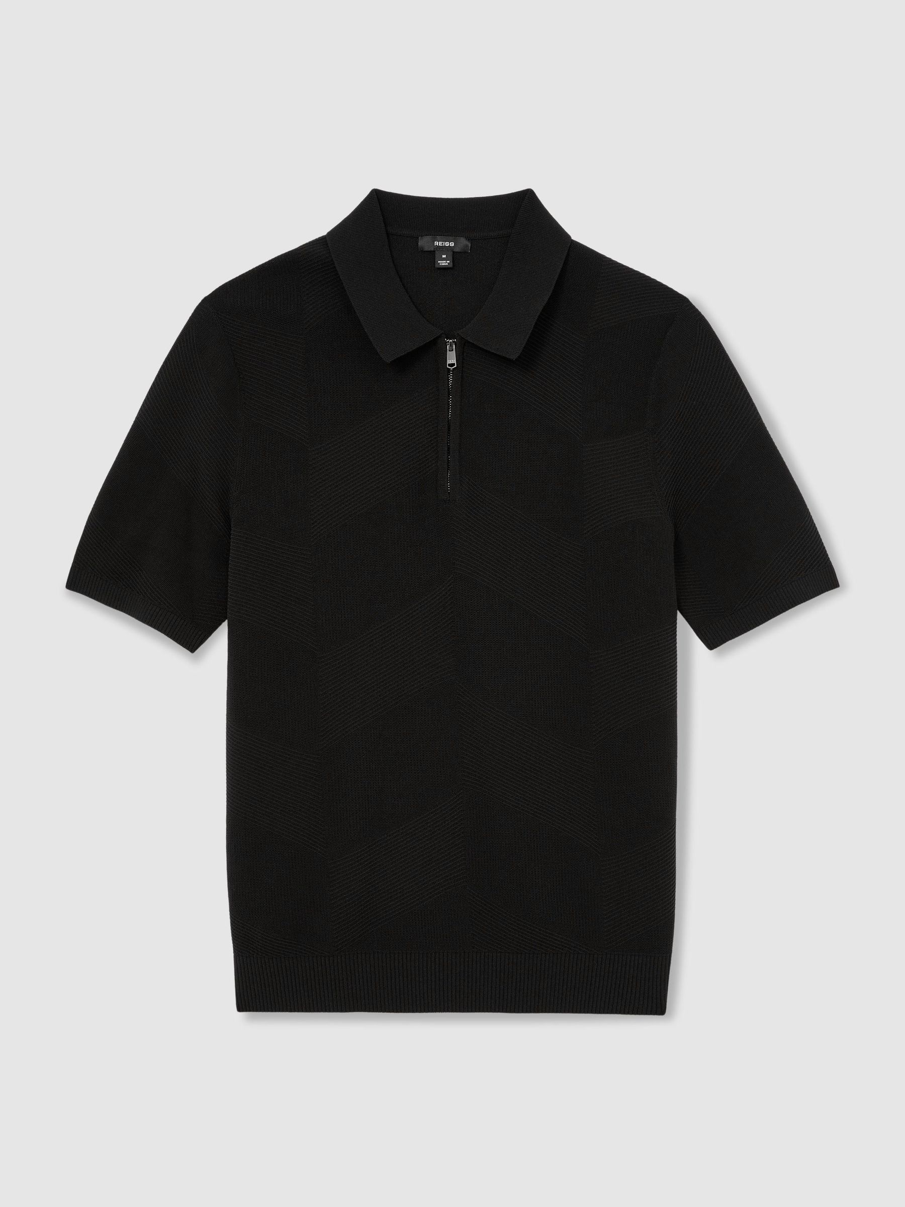Cotton-Blend Chevron-Knit Half-Zip Polo Shirt in Black - Image 2 of 6 Cotton-Blend Chevron-Knit Half-Zip Polo Shirt in Black - Image 2 of 6