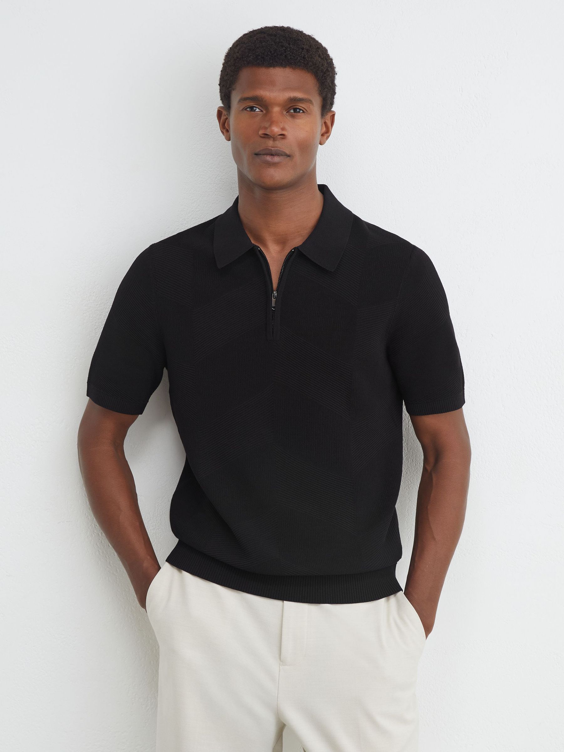 Cotton-Blend Chevron-Knit Half-Zip Polo Shirt in Black - Image 3 of 6