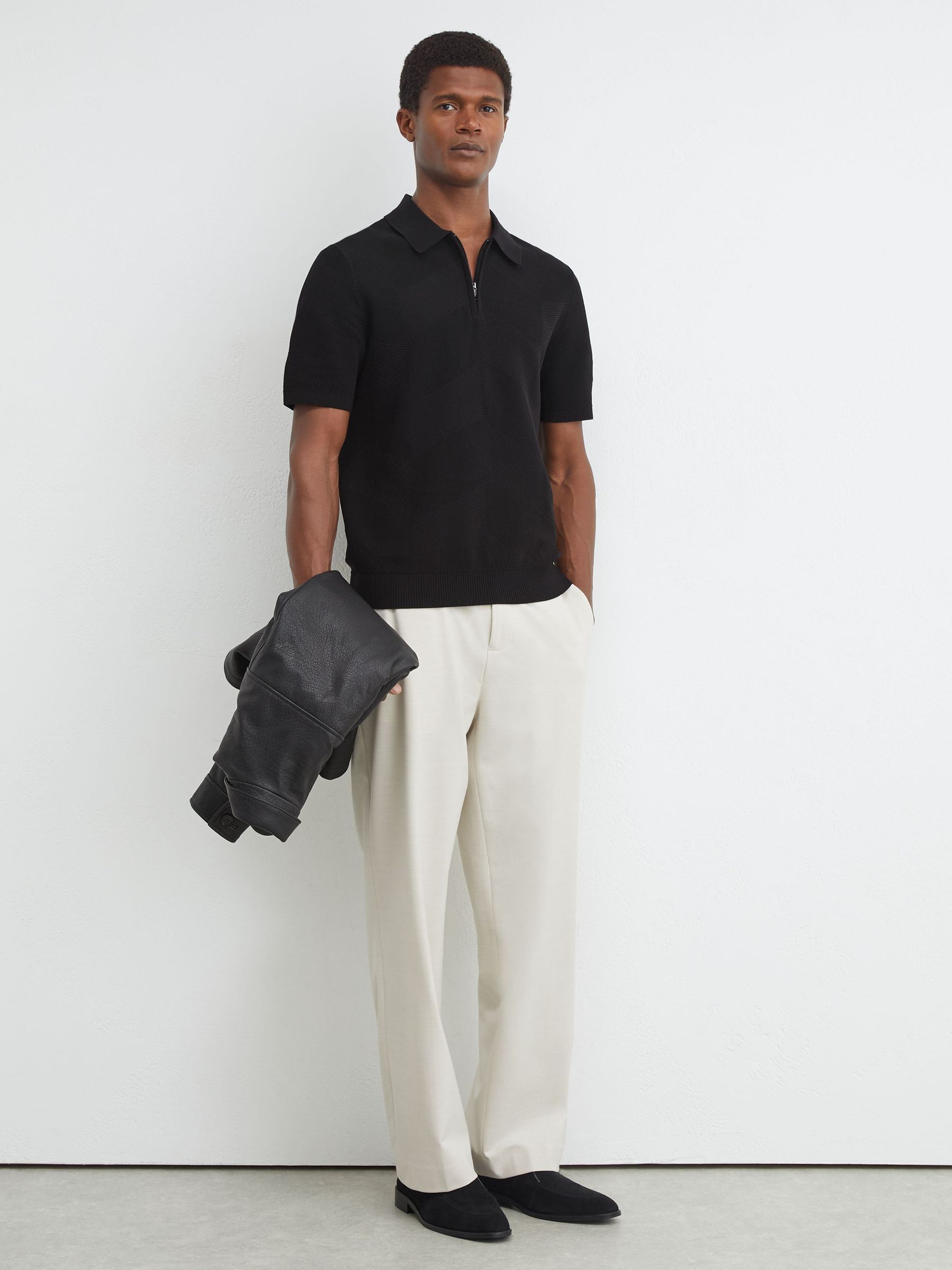 Cotton-Blend Chevron-Knit Half-Zip Polo Shirt in Black - Image 4 of 6