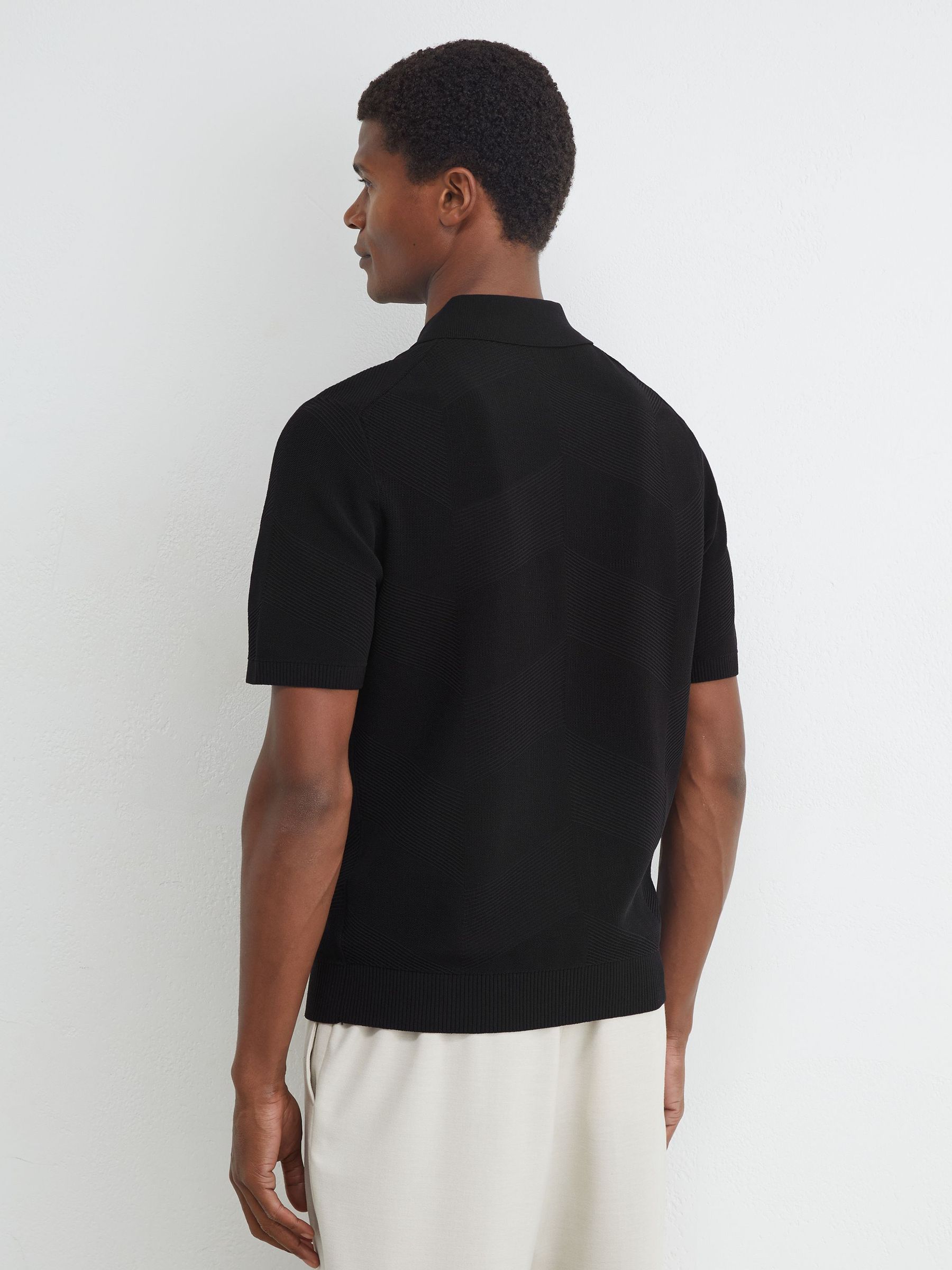 Cotton-Blend Chevron-Knit Half-Zip Polo Shirt in Black - Image 5 of 6