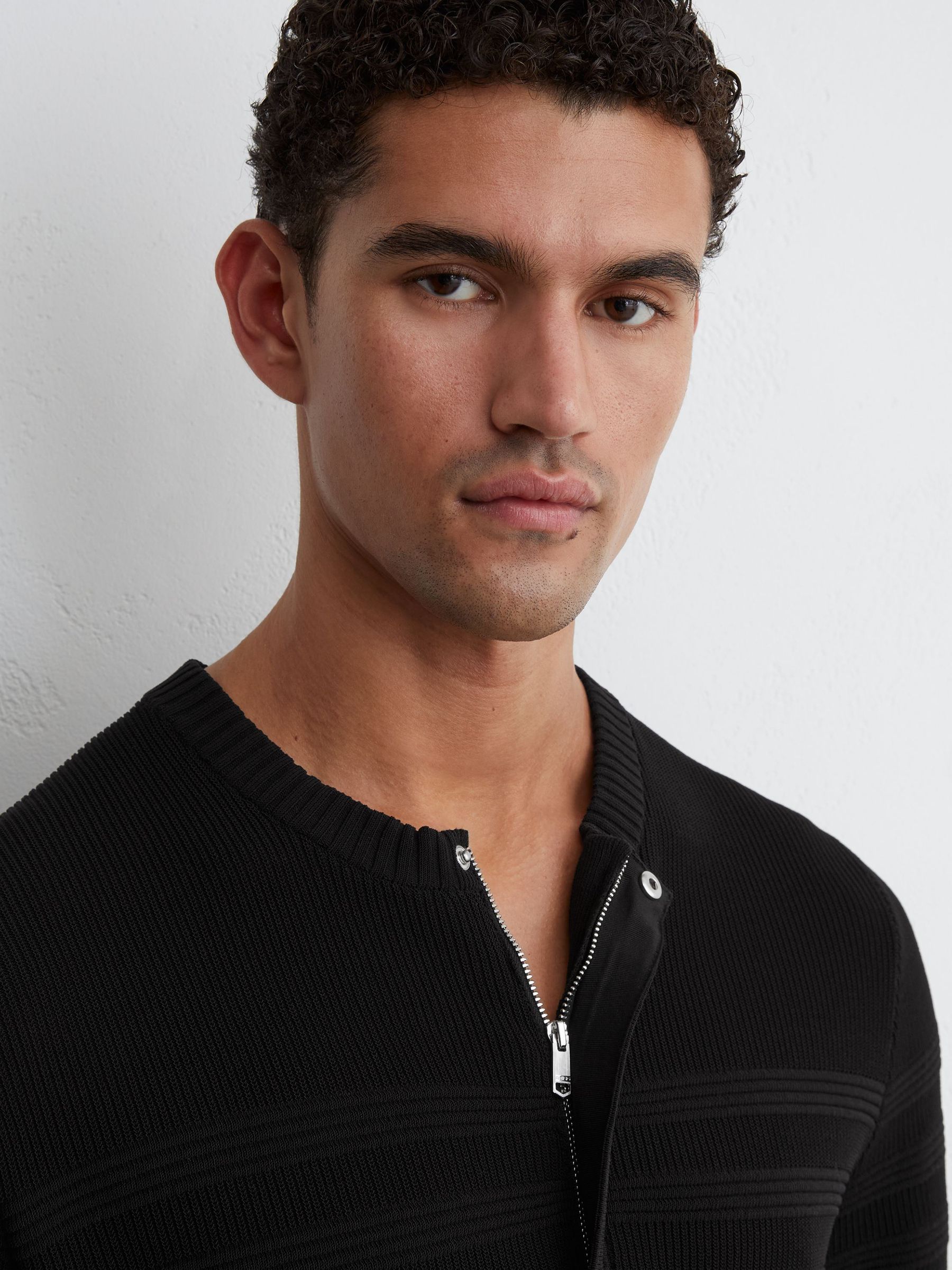 Cotton-Blend Textured Henley Top in Black - Image 1 of 6