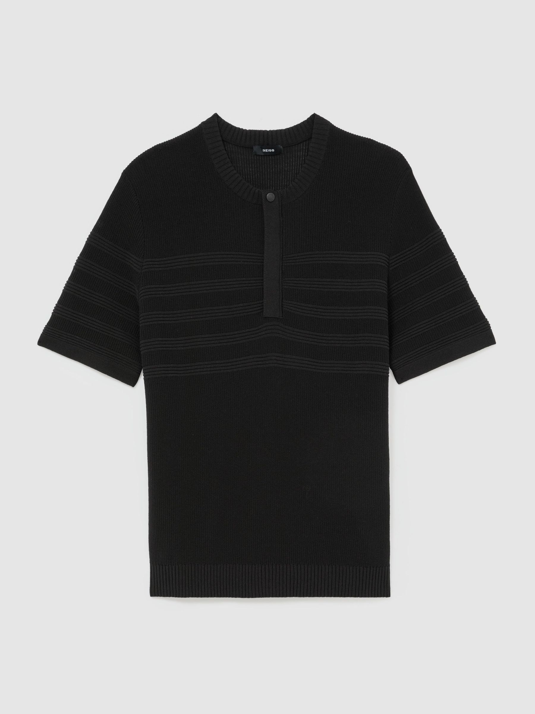 Cotton-Blend Textured Henley Top in Black - Image 2 of 6