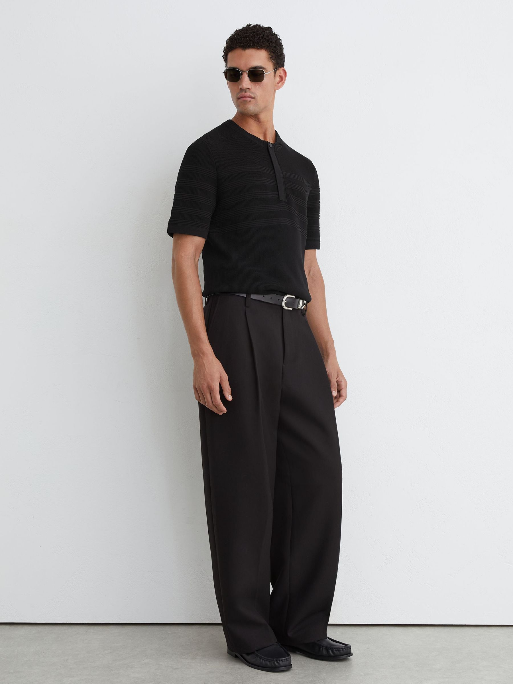 Cotton-Blend Textured Henley Top in Black - Image 3 of 6